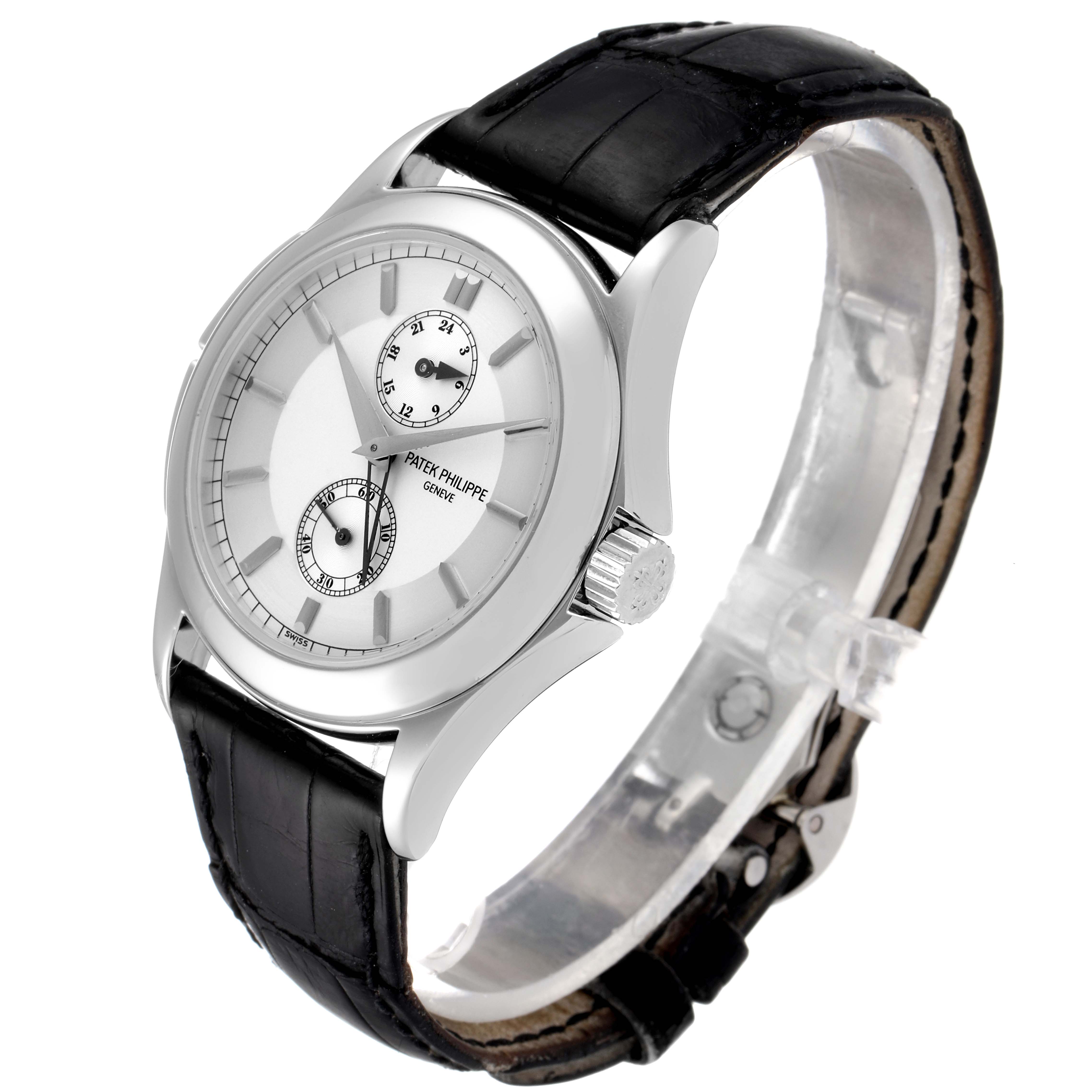 The image shows a Patek Philippe Calatrava 5134P Men's Platinum Silver Dial 5134P Men's Platinum Silver Dial watch at a slight angle, highlighting the dial, crown, and black leather strap.