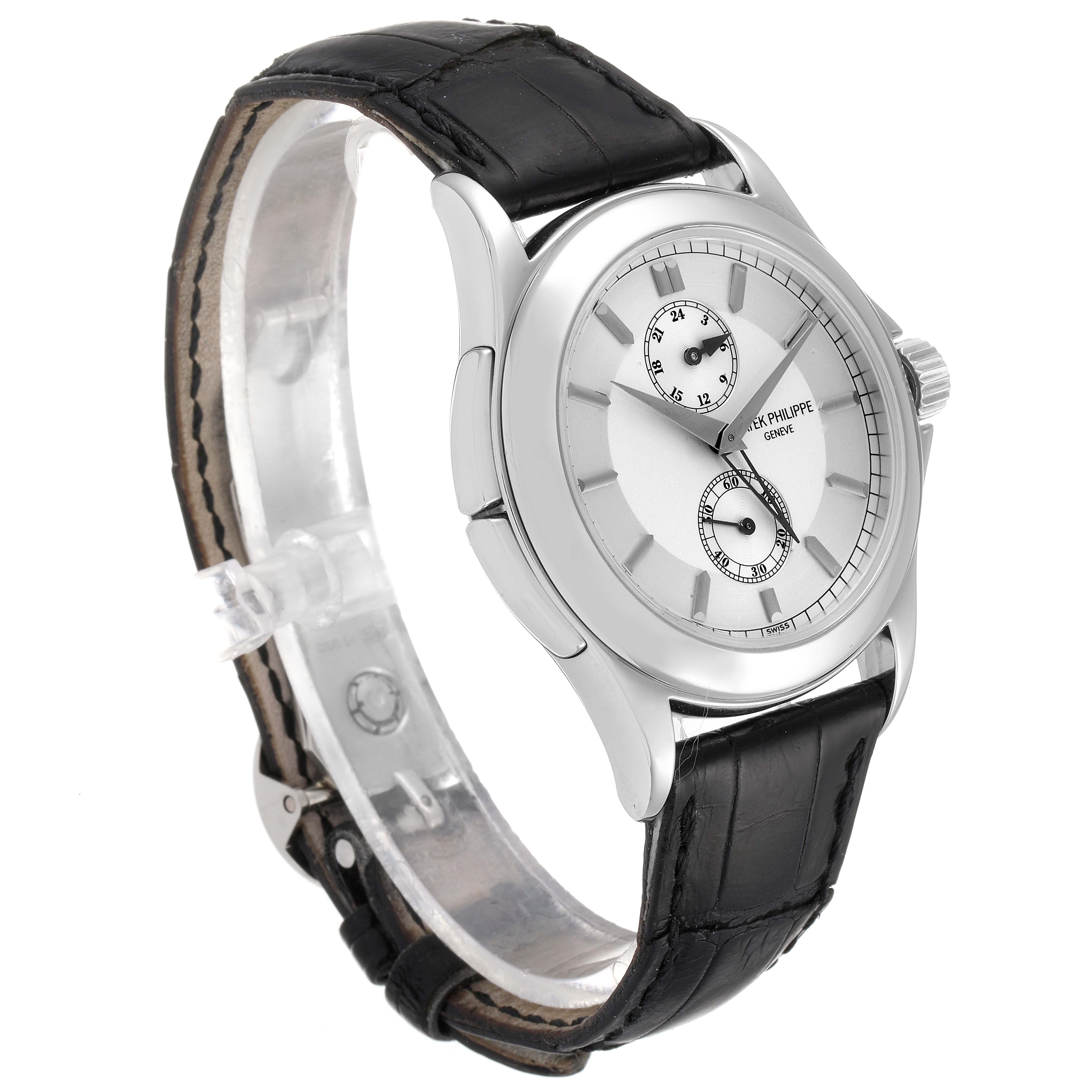 The image shows a side-front angle of the Patek Philippe Calatrava 5134P Men's Platinum Silver Dial 5134P Men's Platinum Silver Dial watch, highlighting the dial, case, and leather strap.