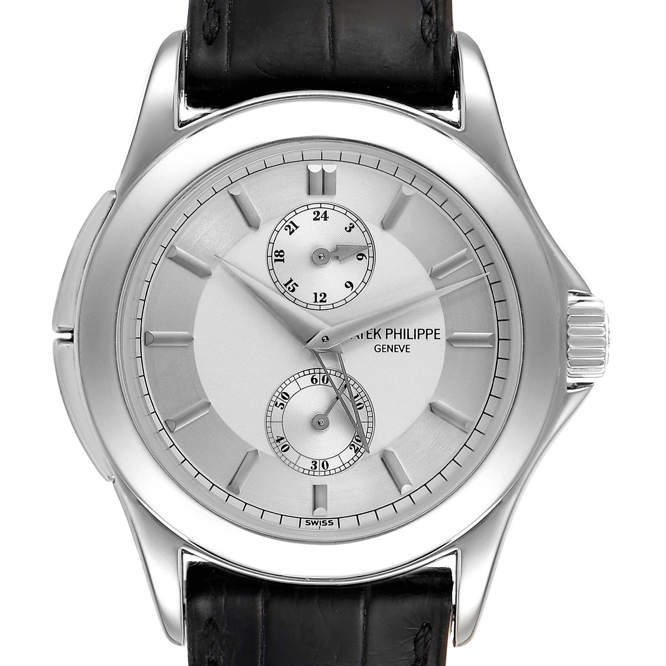 The image shows a front view of the Patek Philippe Calatrava 5134P Men's Platinum Silver Dial 5134P Men's Platinum Silver Dial watch, highlighting its dial, hour markers, and leather strap.