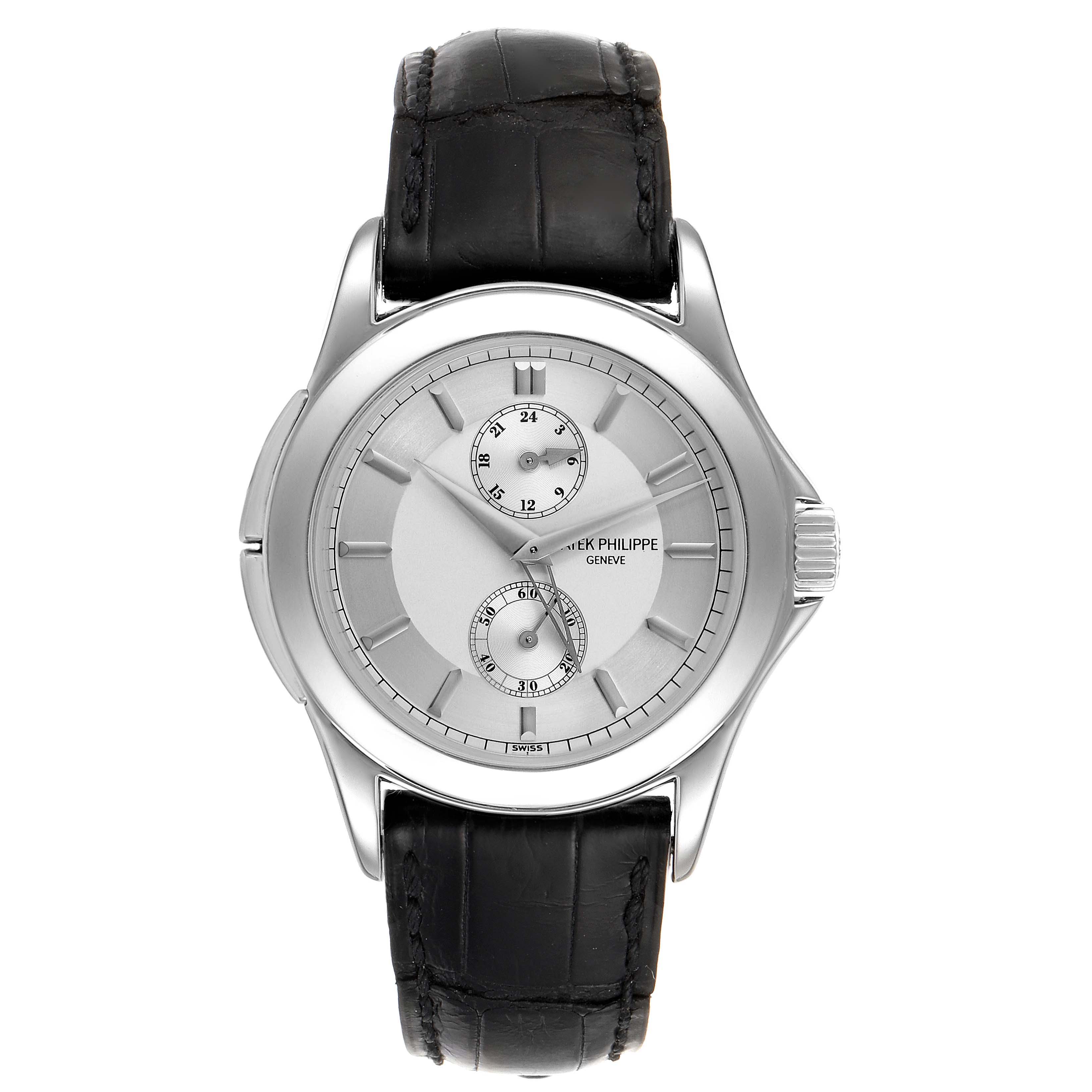This image shows a Patek Philippe Calatrava 5134P Men's Platinum Silver Dial 5134P Men's Platinum Silver Dial watch, taken from a front angle, displaying the dial and leather strap.