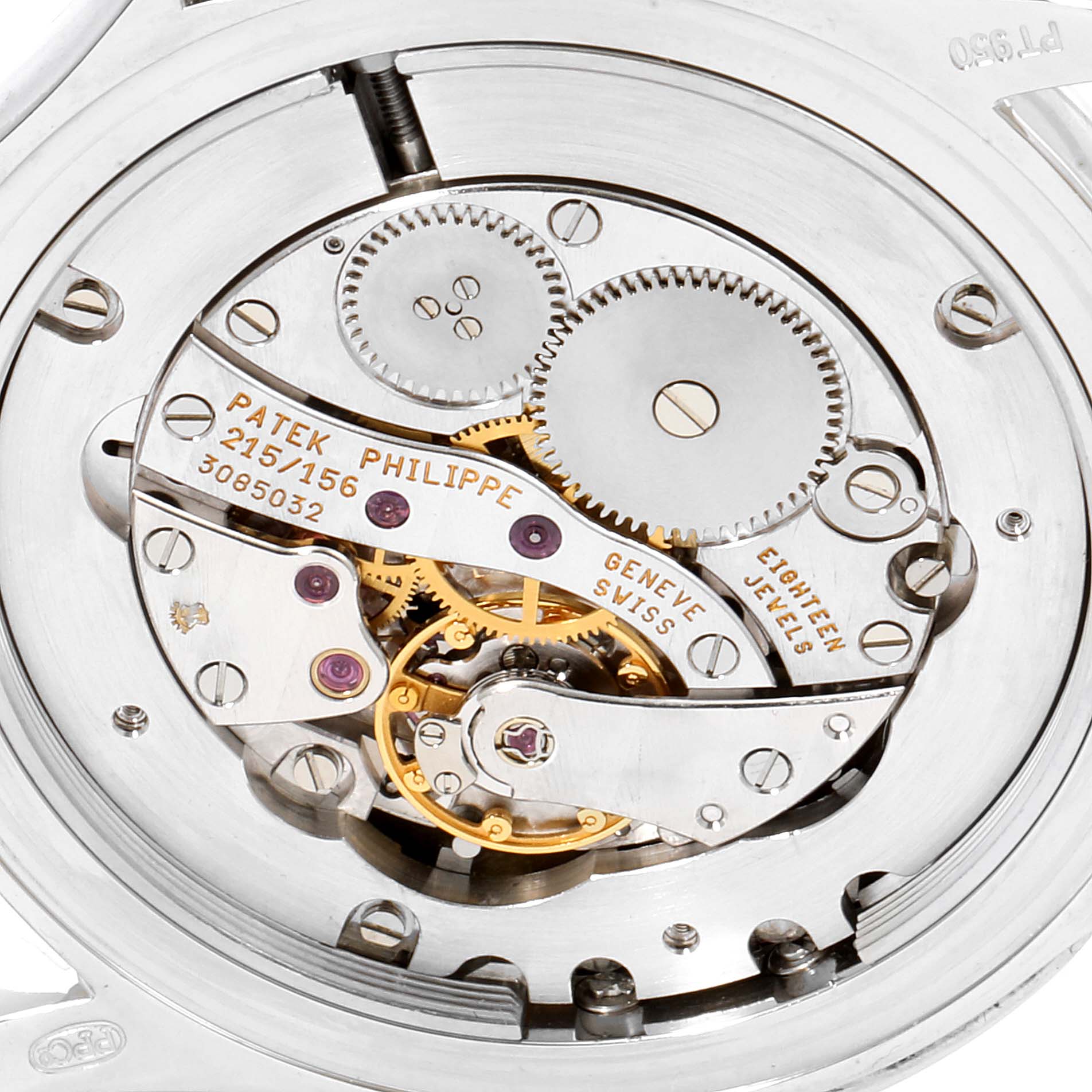 This image shows the intricate internal mechanical movement of the Patek Philippe Calatrava 5134P Men's Platinum Silver Dial 5134P Men's Platinum Silver Dial watch, viewed from the back.