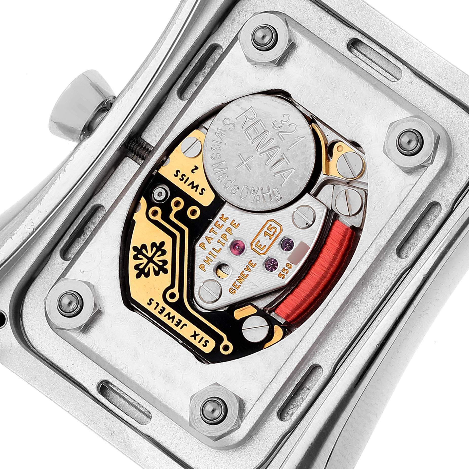 The image shows the internal mechanism of a Patek Philippe Gondolo 4972/1G-001 Women's White Gold Mother of Pearl Dial 4972/1G-001 Women's White Gold Mother of Pearl Dial watch, revealing the battery and components.