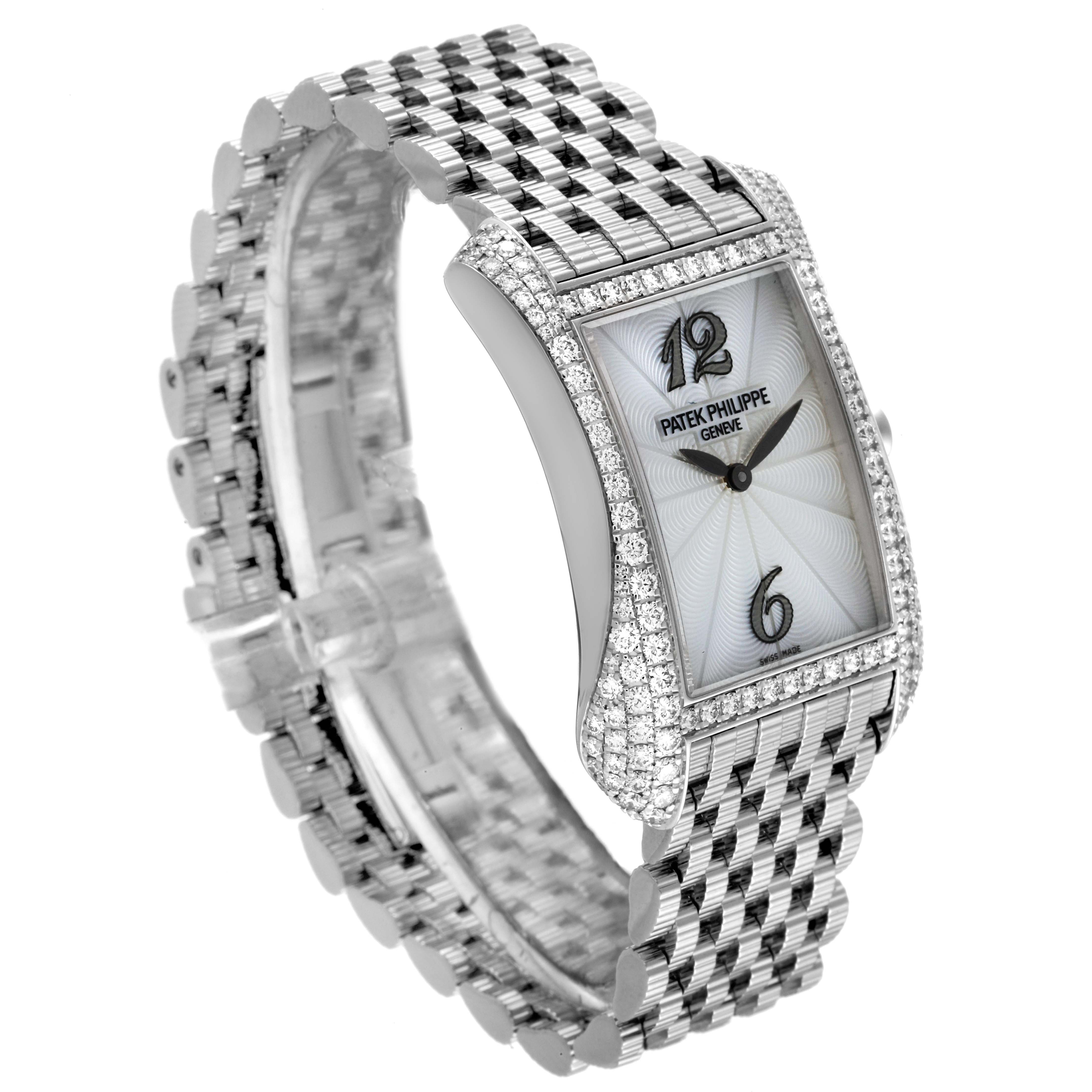 This image shows a Patek Philippe Gondolo 4972/1G-001 Women's White Gold Mother of Pearl Dial 4972/1G-001 Women's White Gold Mother of Pearl Dial watch at a three-quarter angle, highlighting the bracelet, dial, and diamond-studded bezel.