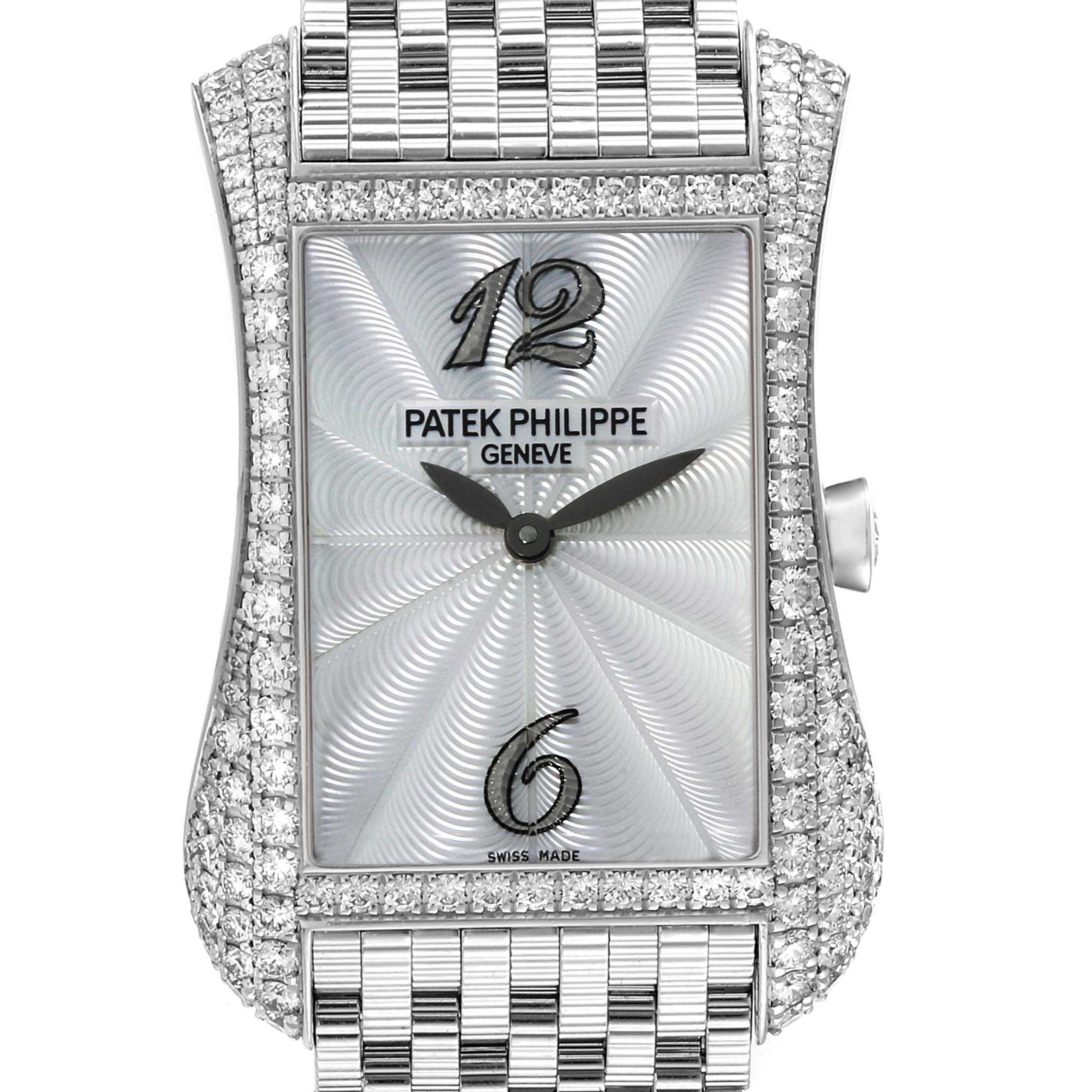 This image shows a front view of a Patek Philippe Gondolo 4972/1G-001 Women's White Gold Mother of Pearl Dial 4972/1G-001 Women's White Gold Mother of Pearl Dial watch, highlighting the dial, hands, and diamond-encrusted bezel.