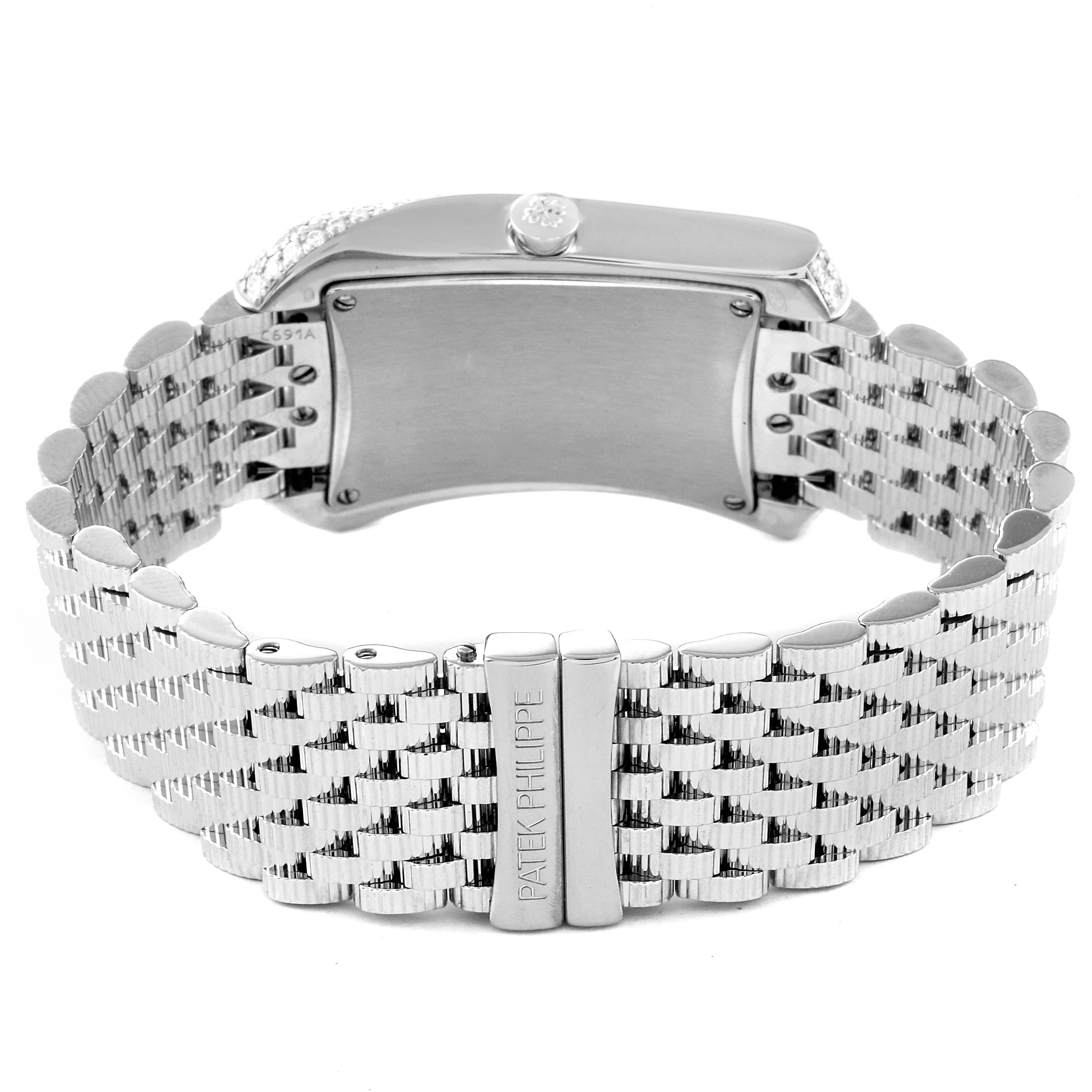 This image shows the backside of the bracelet and case of a Patek Philippe Gondolo 4972/1G-001 Women's White Gold Mother of Pearl Dial 4972/1G-001 Women's White Gold Mother of Pearl Dial watch.