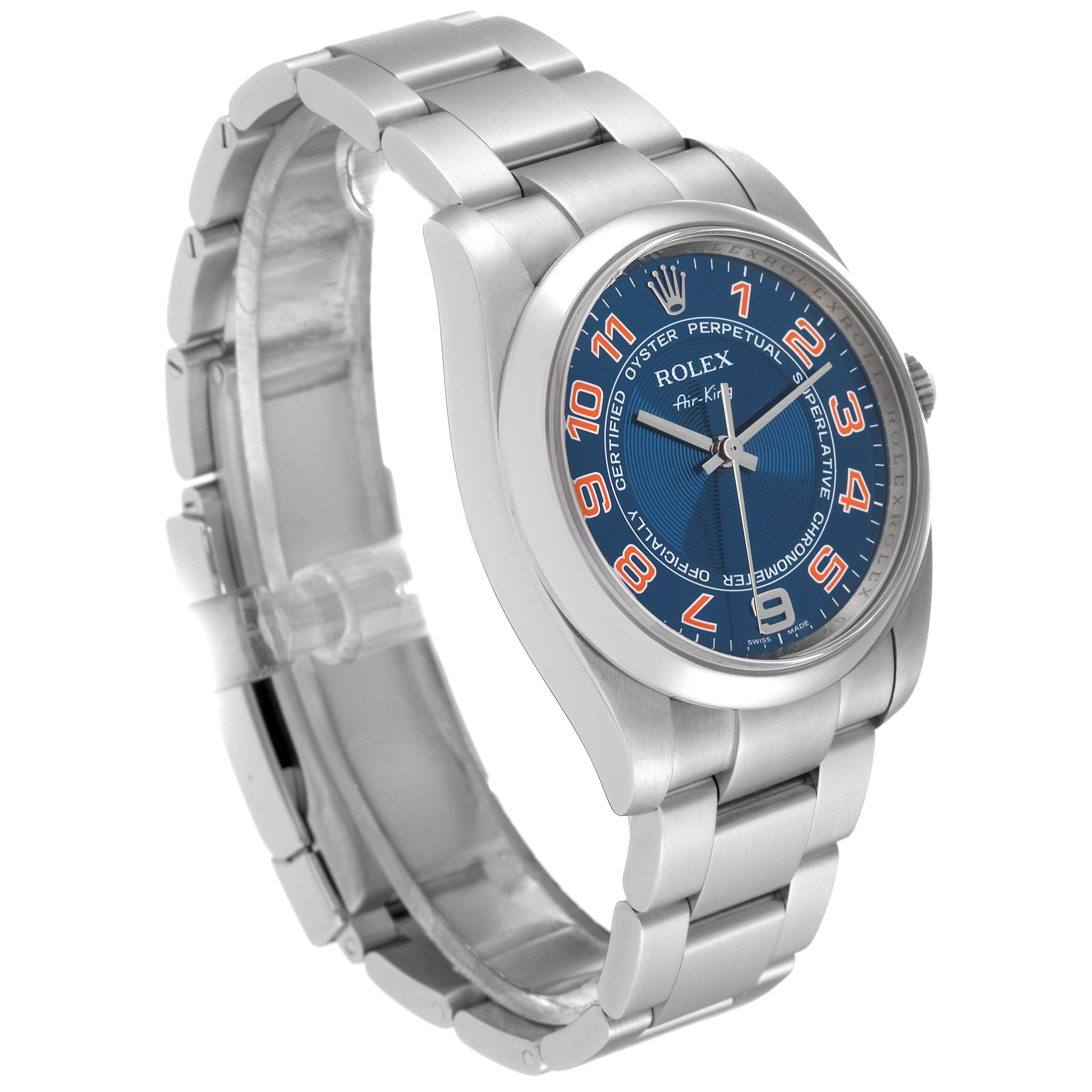 The image shows the Rolex Air-King 114200 Men's Stainless Steel Blue Dial 114200 Men's Stainless Steel Blue Dial watch at an angled front view, highlighting its face, bezel, and bracelet.