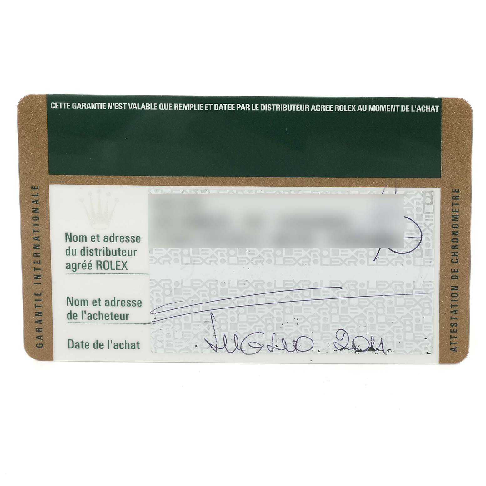 This image shows the warranty card for a Rolex Air-King 114200 Men's Stainless Steel Blue Dial 114200 Men's Stainless Steel Blue Dial watch with fields for distributor and purchaser information.