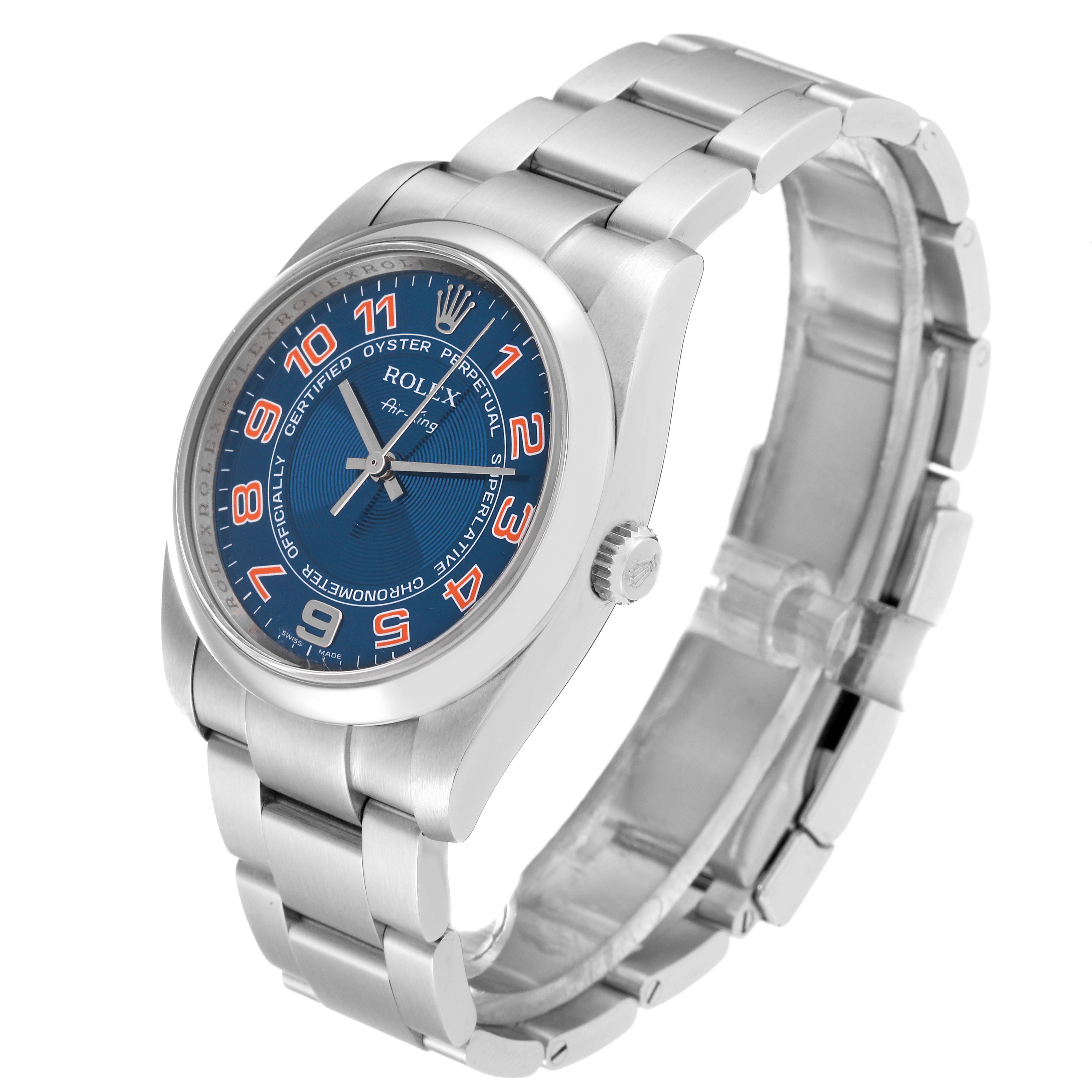 The image shows a Rolex Air-King 114200 Men's Stainless Steel Blue Dial 114200 Men's Stainless Steel Blue Dial watch at a slight angle, highlighting its dial, bracelet, and crown.