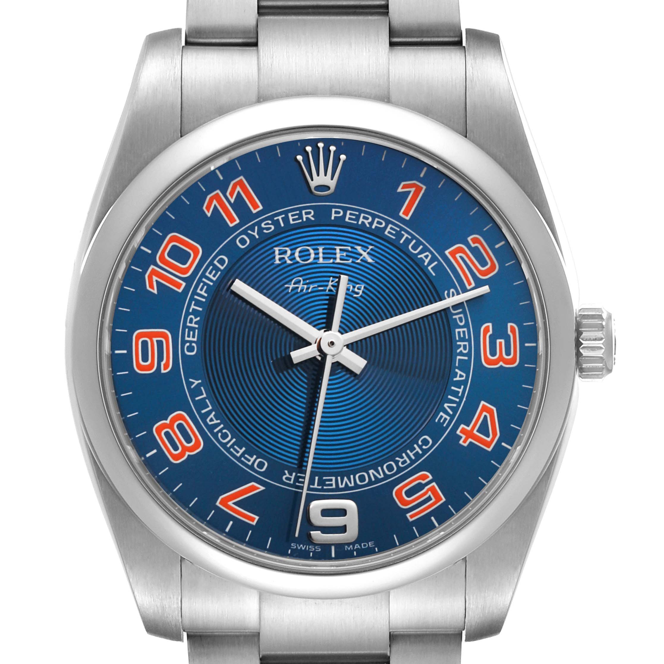 The Rolex Air-King 114200 Men's Stainless Steel Blue Dial 114200 Men's Stainless Steel Blue Dial watch is shown from the front, displaying its blue dial, orange numerals, and metal bracelet.