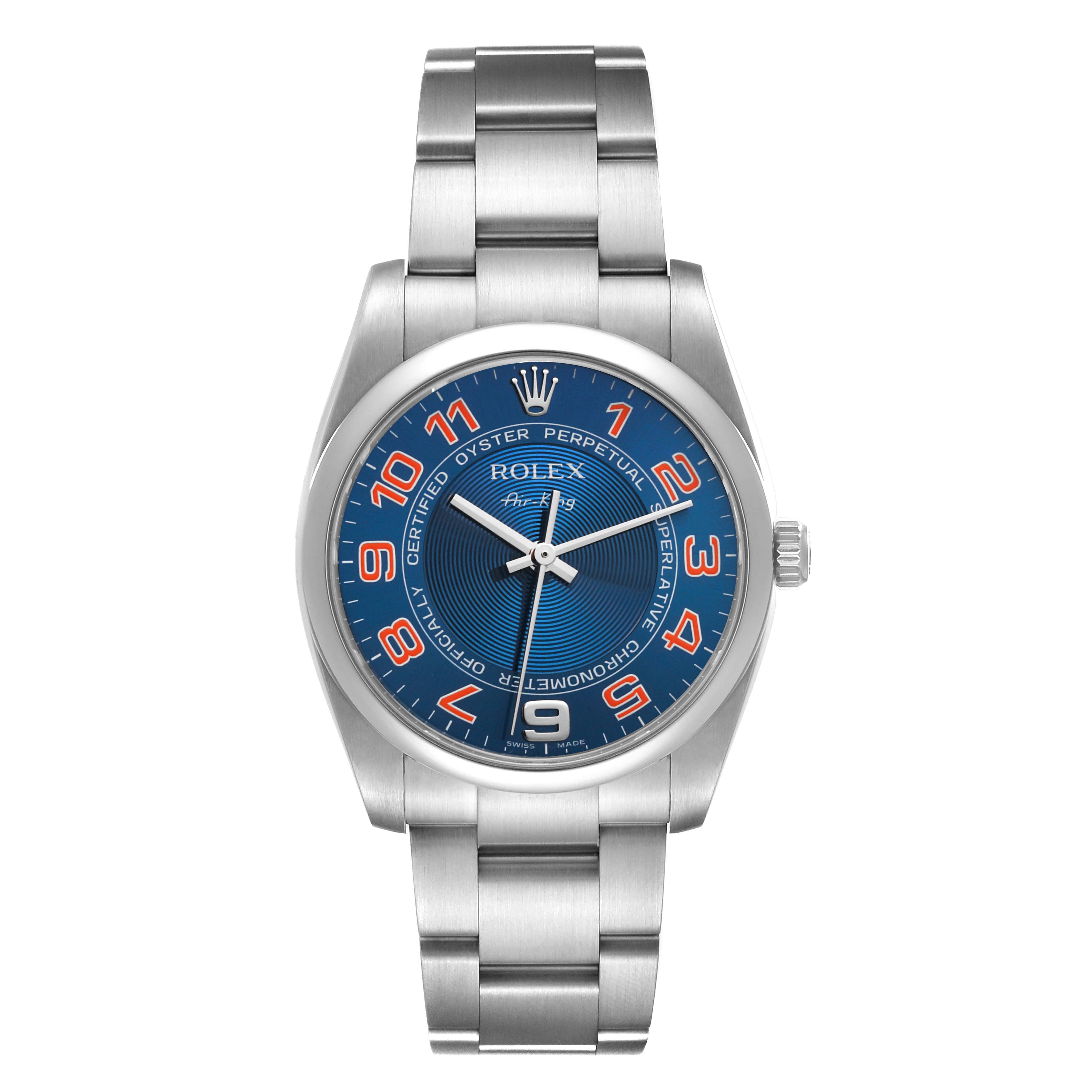 The image shows a Rolex Air-King 114200 Men's Stainless Steel Blue Dial 114200 Men's Stainless Steel Blue Dial model watch from a front angle, displaying its blue dial and metal bracelet.