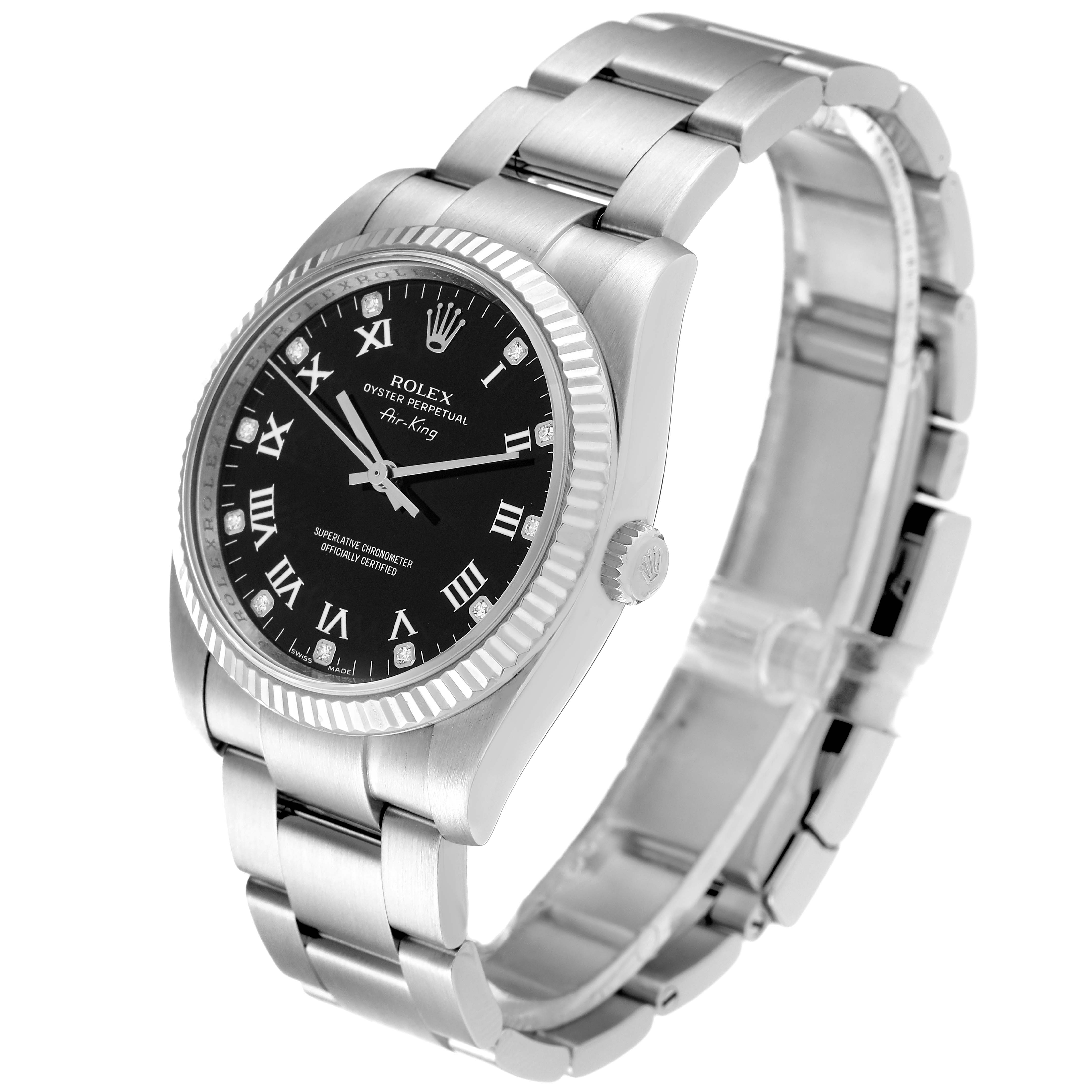 The image shows a Rolex Air-King 114234 Men's Stainless Steel Black Dial 114234 Men's Stainless Steel Black Dial watch at a three-quarter angle, highlighting the face, bezel, and bracelet.