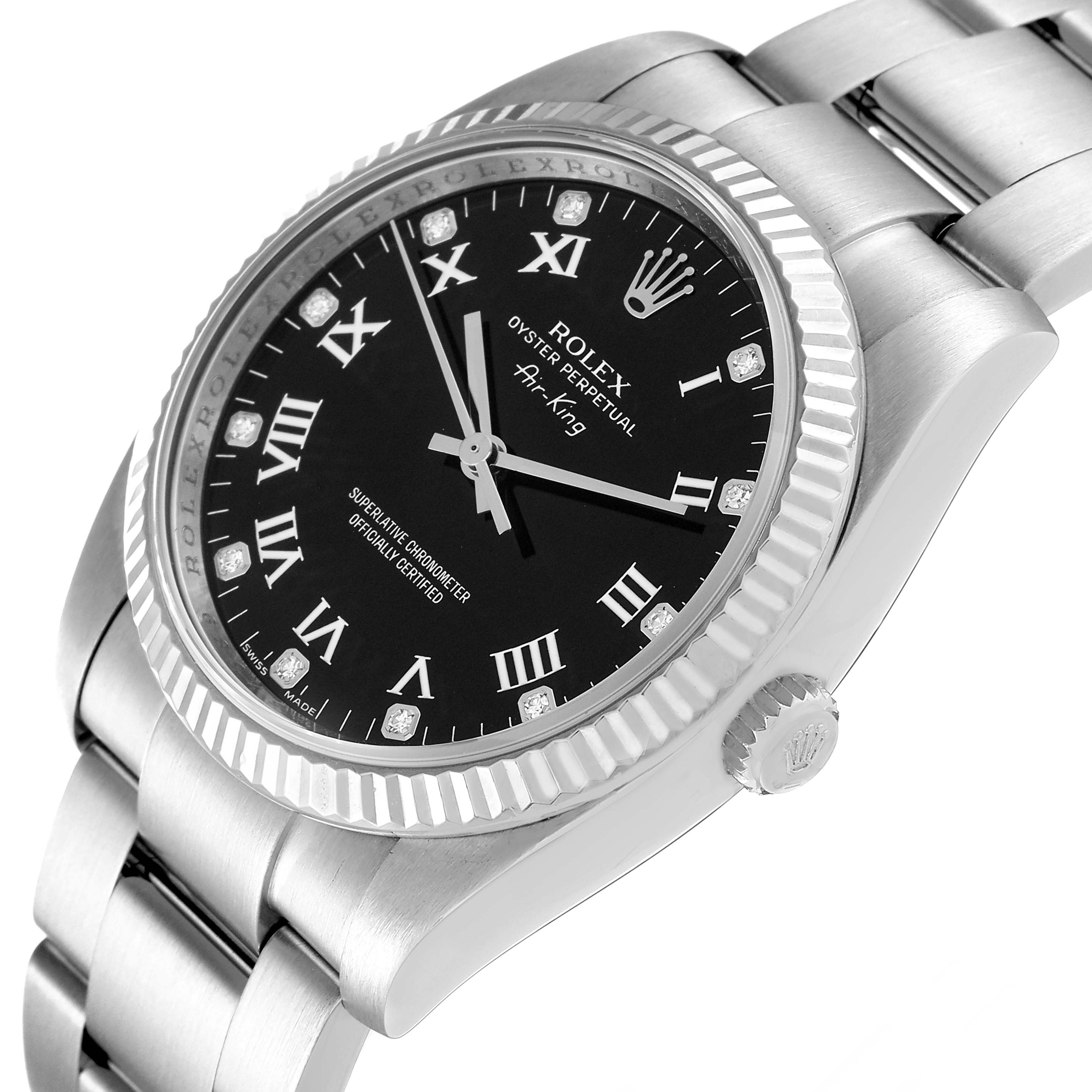 This image shows a side-angle view of the Rolex Air-King 114234 Men's Stainless Steel Black Dial 114234 Men's Stainless Steel Black Dial, highlighting the face, bezel, crown, and part of the bracelet.