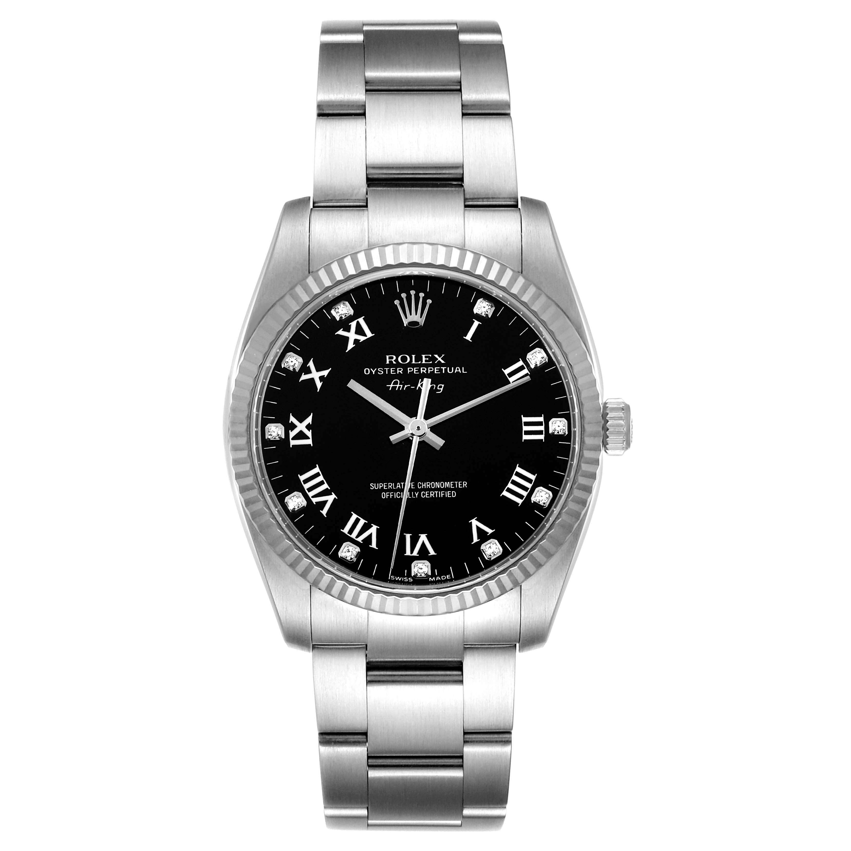 The image shows a front view of the Rolex Air-King 114234 Men's Stainless Steel Black Dial 114234 Men's Stainless Steel Black Dial watch, displaying its dial, bezel, and bracelet.