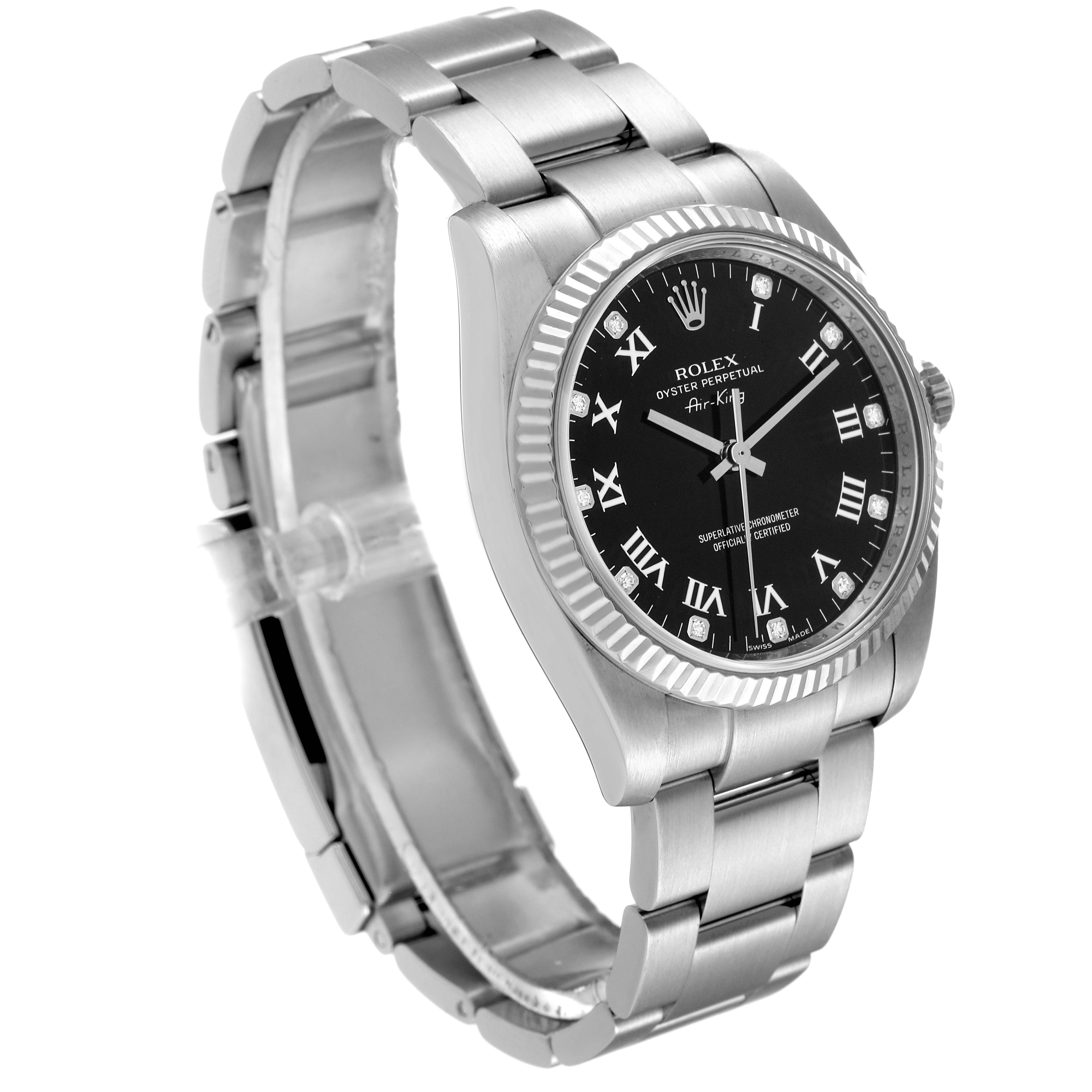 The Rolex Air-King 114234 Men's Stainless Steel Black Dial 114234 Men's Stainless Steel Black Dial watch is shown at a 3/4 front angle, displaying the face, bezel, and bracelet.