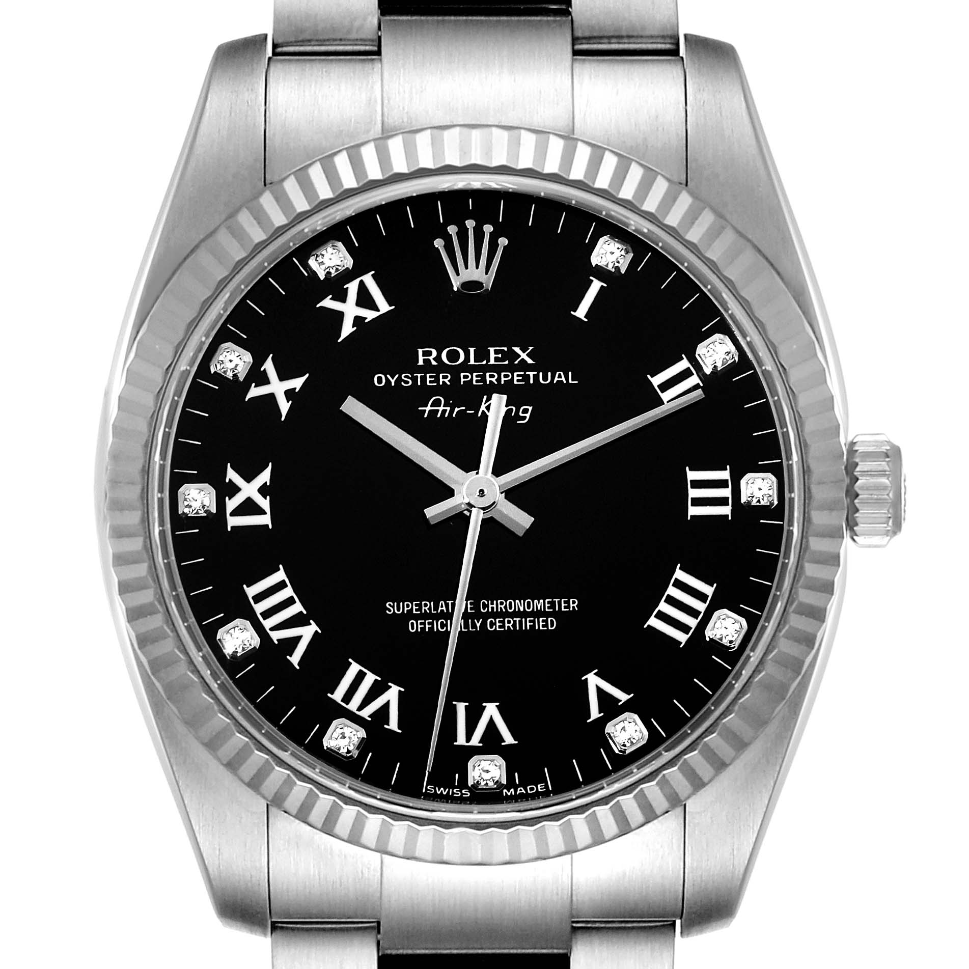 The image shows a frontal view of the Rolex Air-King 114234 Men's Stainless Steel Black Dial 114234 Men's Stainless Steel Black Dial watch, highlighting the black dial with Roman numerals and stainless steel bracelet.