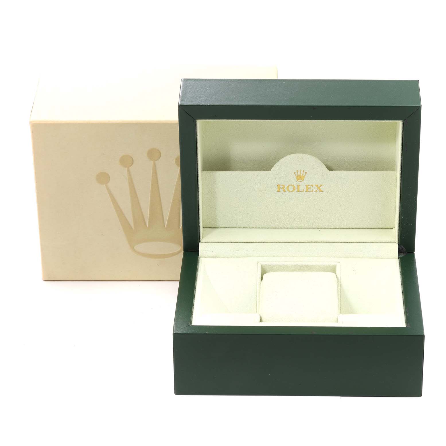This image shows an open Rolex Air-King 114234 Men's Stainless Steel Black Dial 114234 Men's Stainless Steel Black Dial watch box at a slight angle, with the outer beige box featuring the Rolex crown logo.