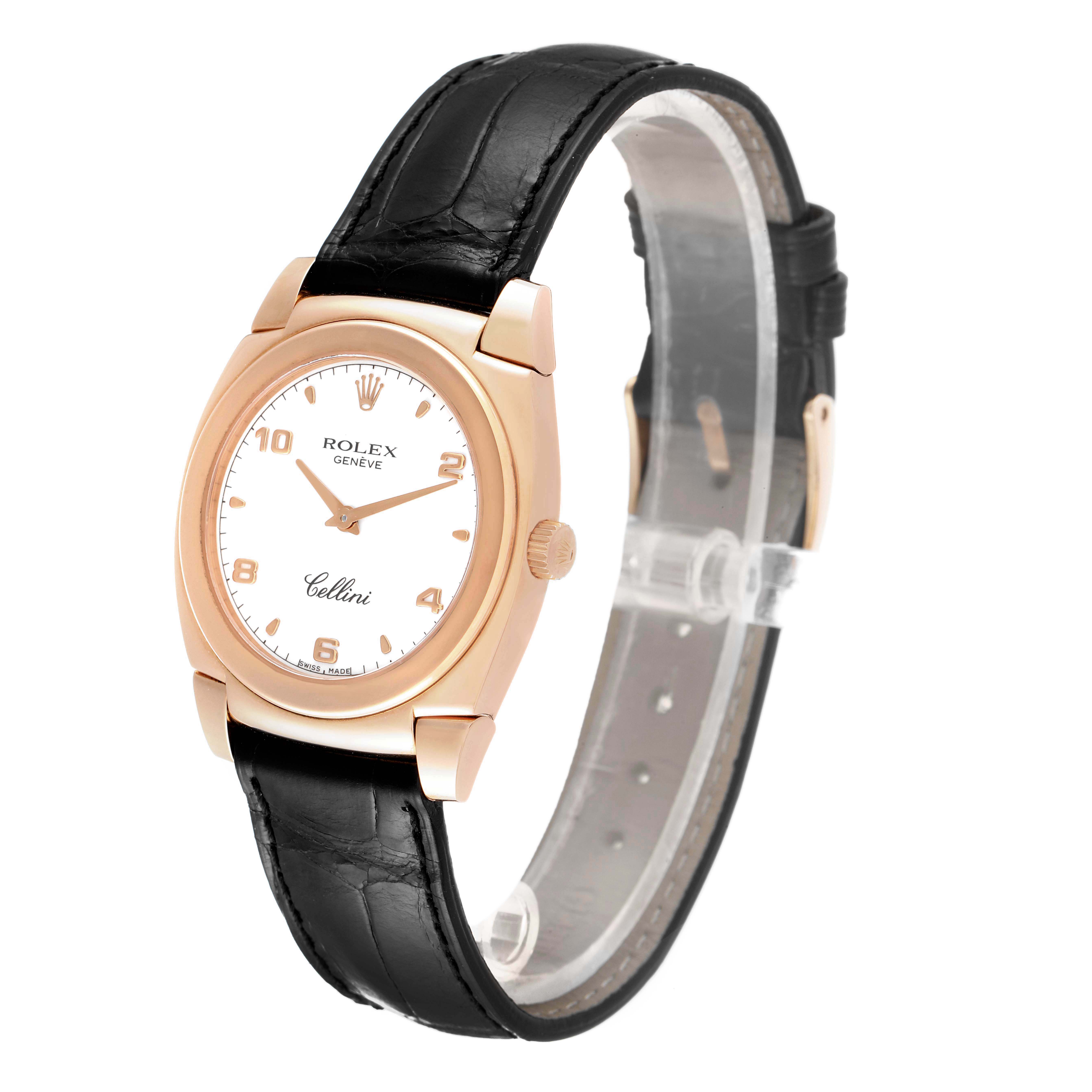 The image shows a side angle view of the Rolex Cellini 5330 Women's Rose Gold White Dial 5330 Women's Rose Gold White Dial watch, highlighting its face, case, crown, and leather strap.