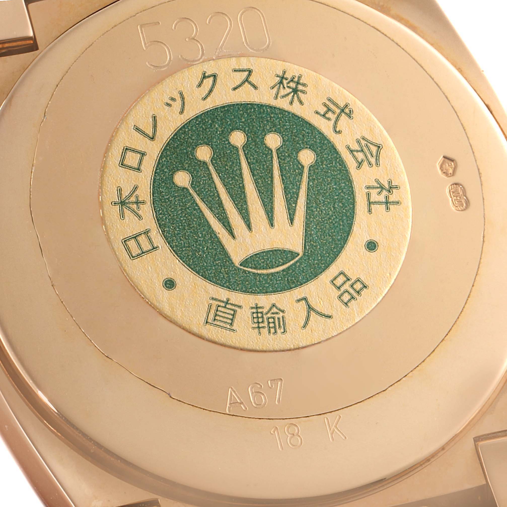 The image shows the back case of a Rolex Cellini 5330 Women's Rose Gold White Dial 5330 Women's Rose Gold White Dial watch, displaying model number and 18K gold stamp.