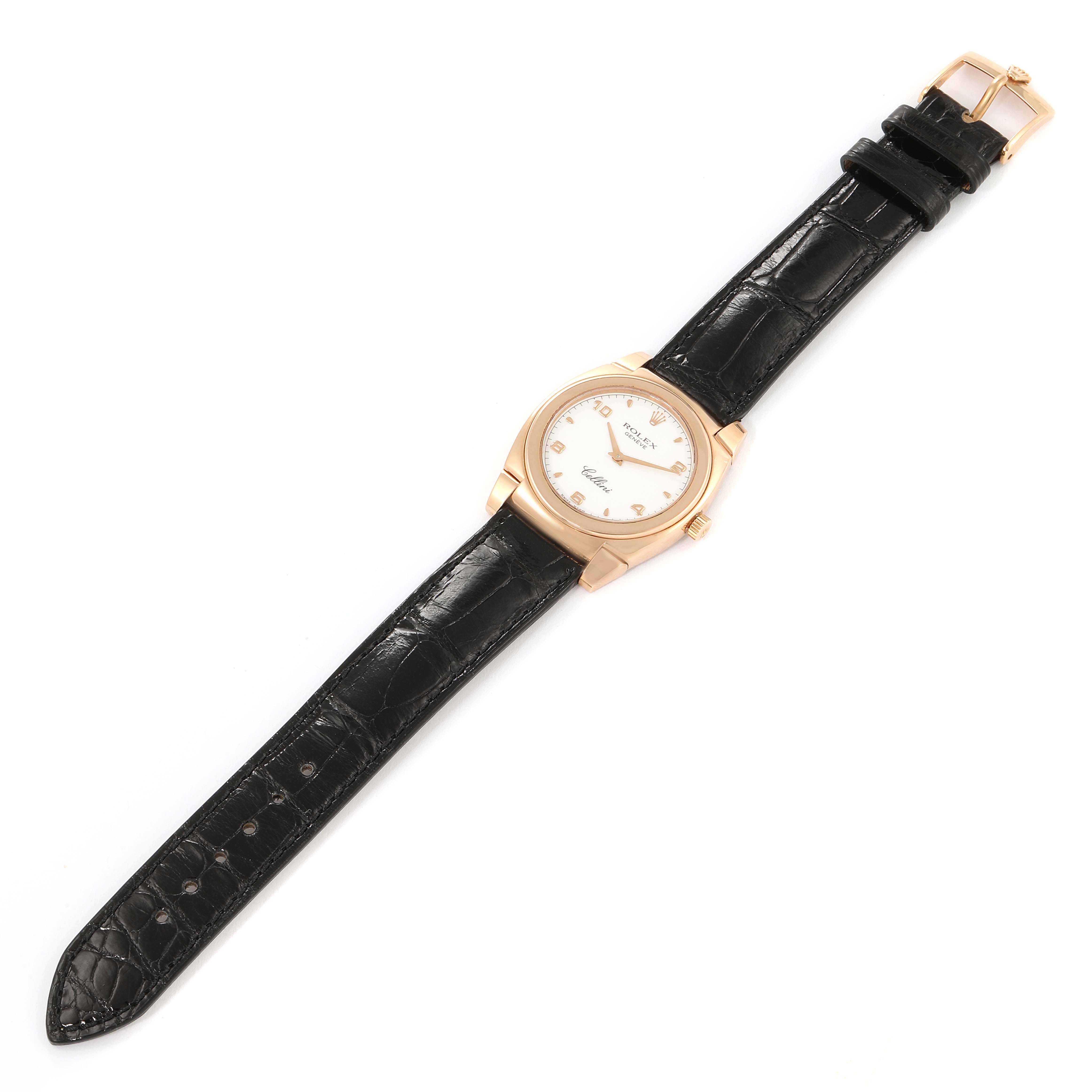 The Rolex Cellini 5330 Women's Rose Gold White Dial 5330 Women's Rose Gold White Dial watch is shown from a top-down angle, featuring a black leather strap, rose gold case, and a round white dial.