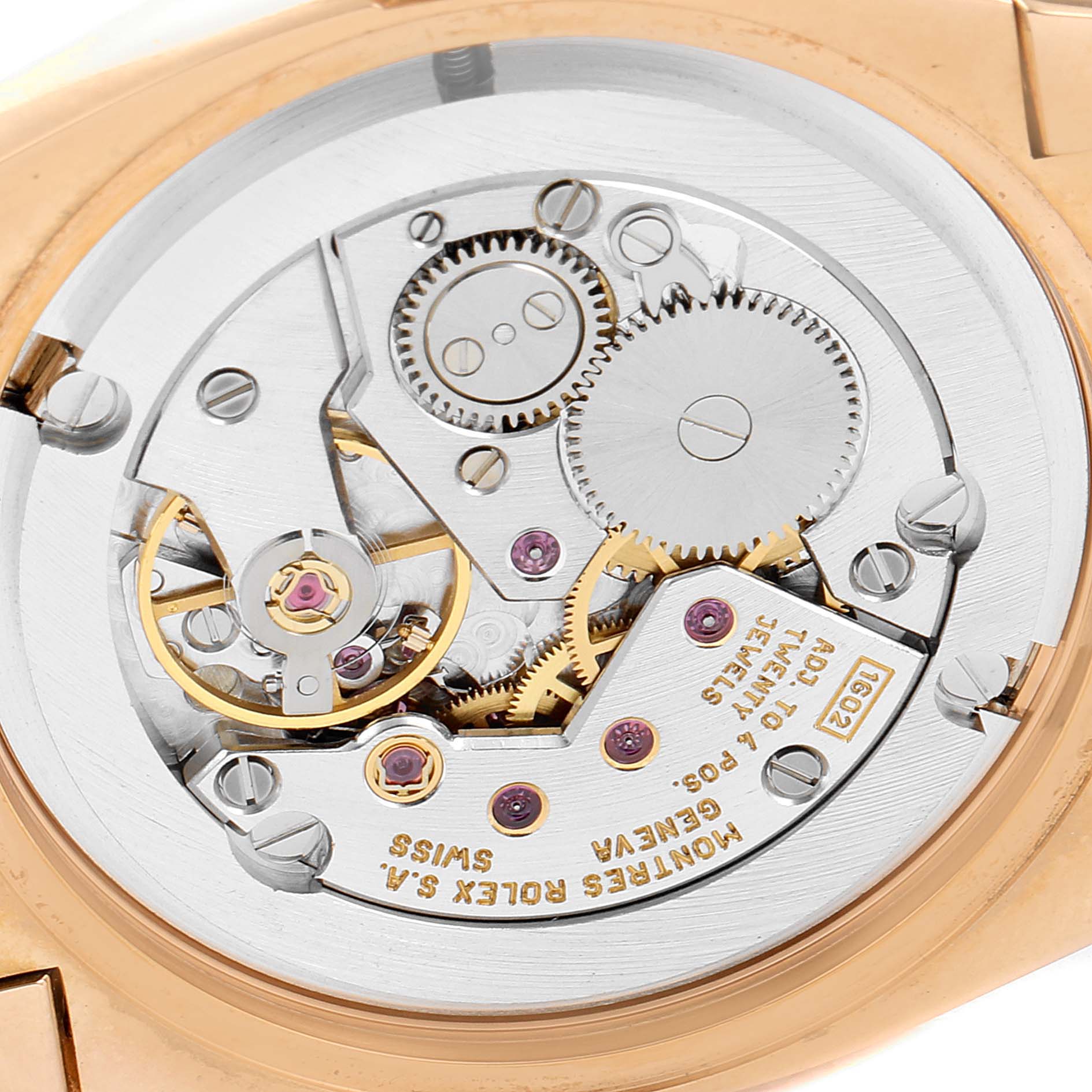 This image shows the intricate internal mechanism and gears of the Rolex Cellini 5330 Women's Rose Gold White Dial 5330 Women's Rose Gold White Dial watch, viewed from the back case.