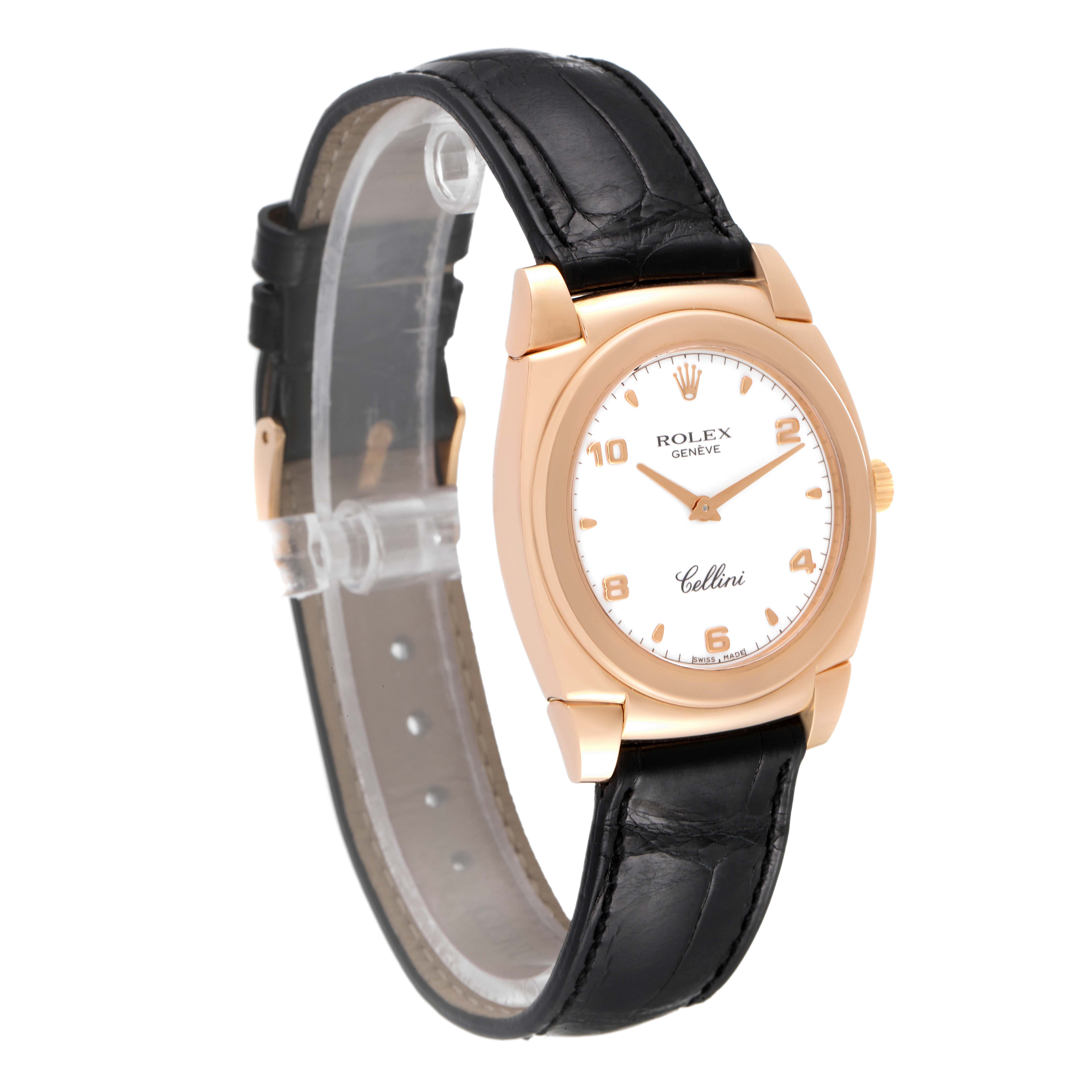 The Rolex Cellini 5330 Women's Rose Gold White Dial 5330 Women's Rose Gold White Dial watch is shown at a three-quarter angle, featuring its face, crown, and black leather strap.