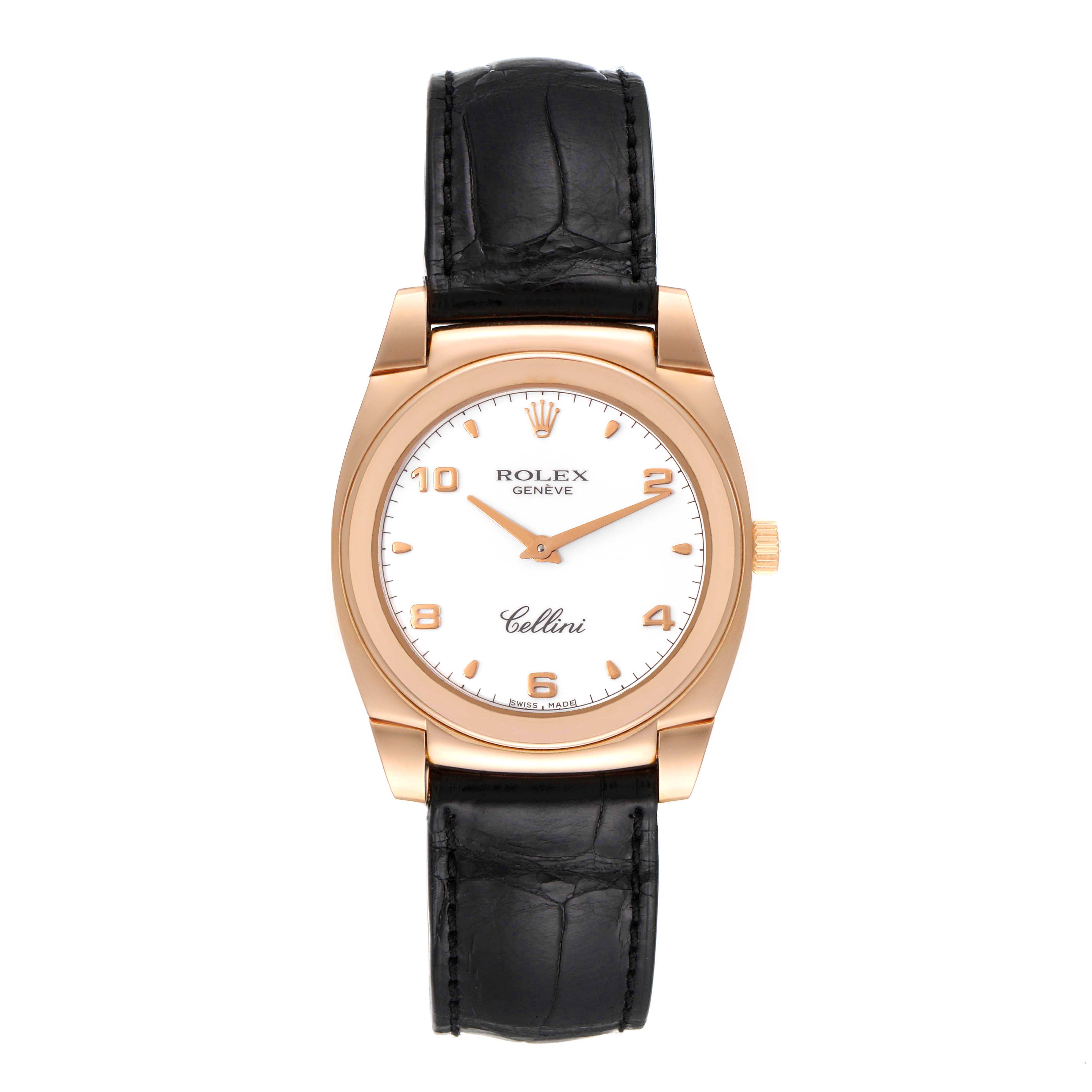 The Rolex Cellini 5330 Women's Rose Gold White Dial 5330 Women's Rose Gold White Dial watch is shown from a top-down angle, featuring its black leather strap, gold case, and white dial.