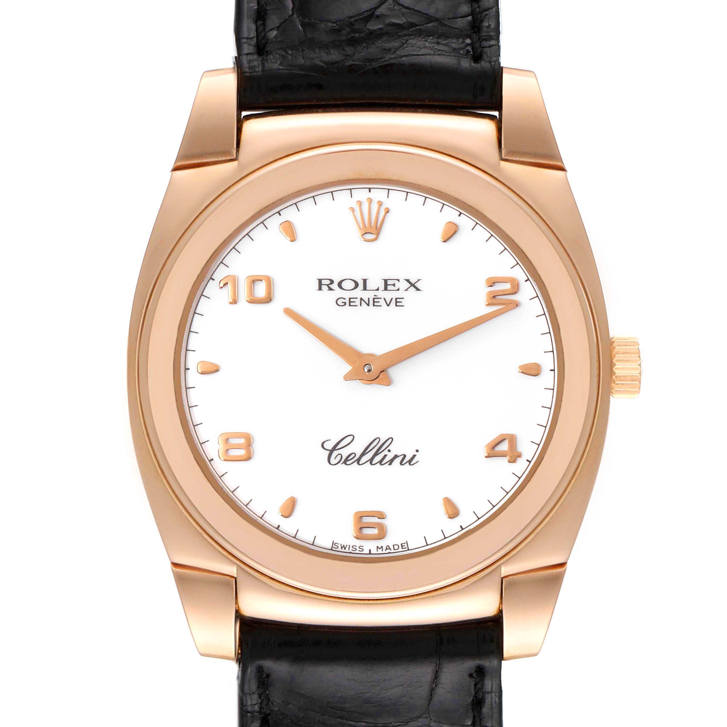 This Rolex Cellini 5330 Women's Rose Gold White Dial 5330 Women's Rose Gold White Dial watch is shown from the front, displaying the dial, hands, case, and part of the black leather strap.
