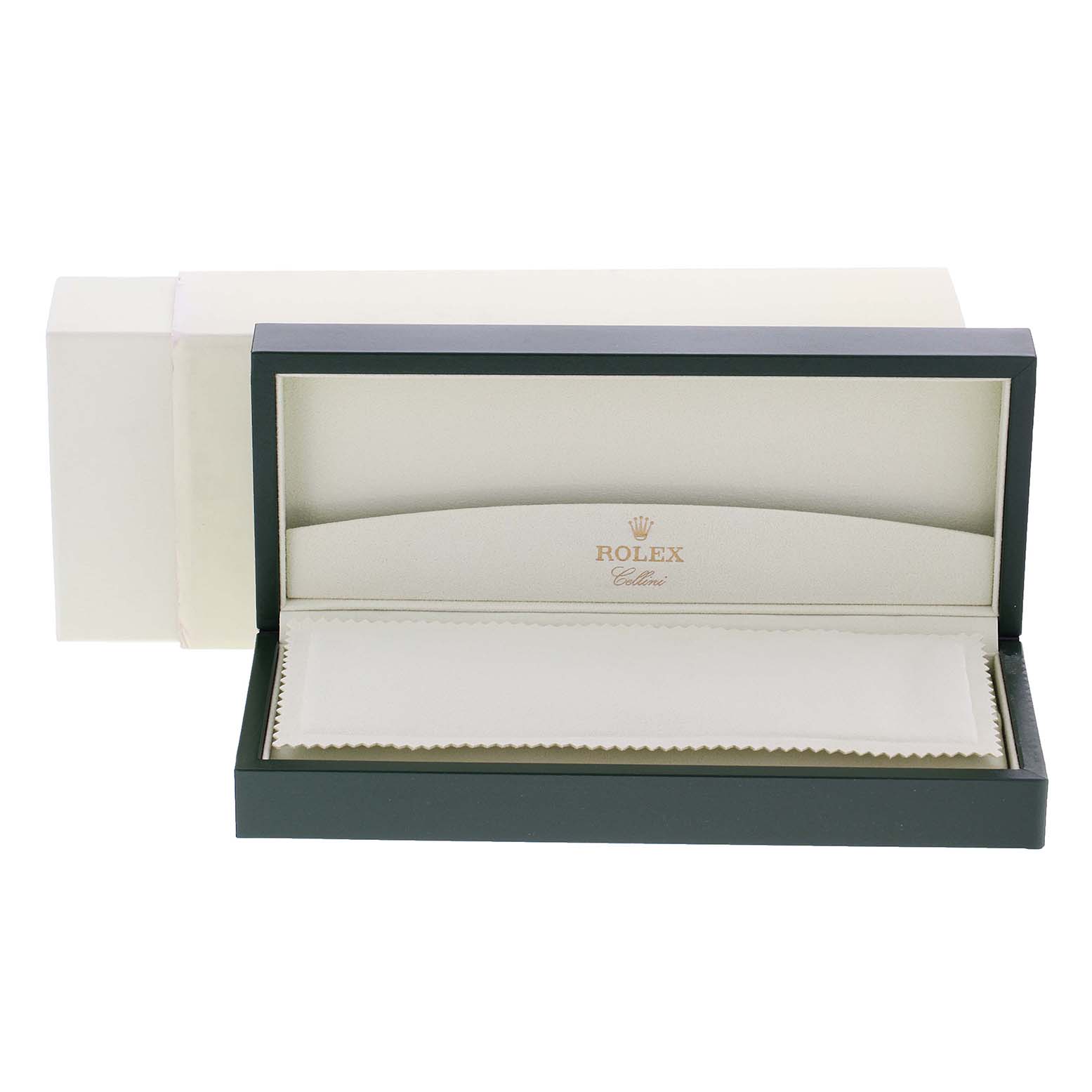 The image shows the open display box for a Rolex Cellini 5330 Women's Rose Gold White Dial 5330 Women's Rose Gold White Dial watch, with the logo and name inside.