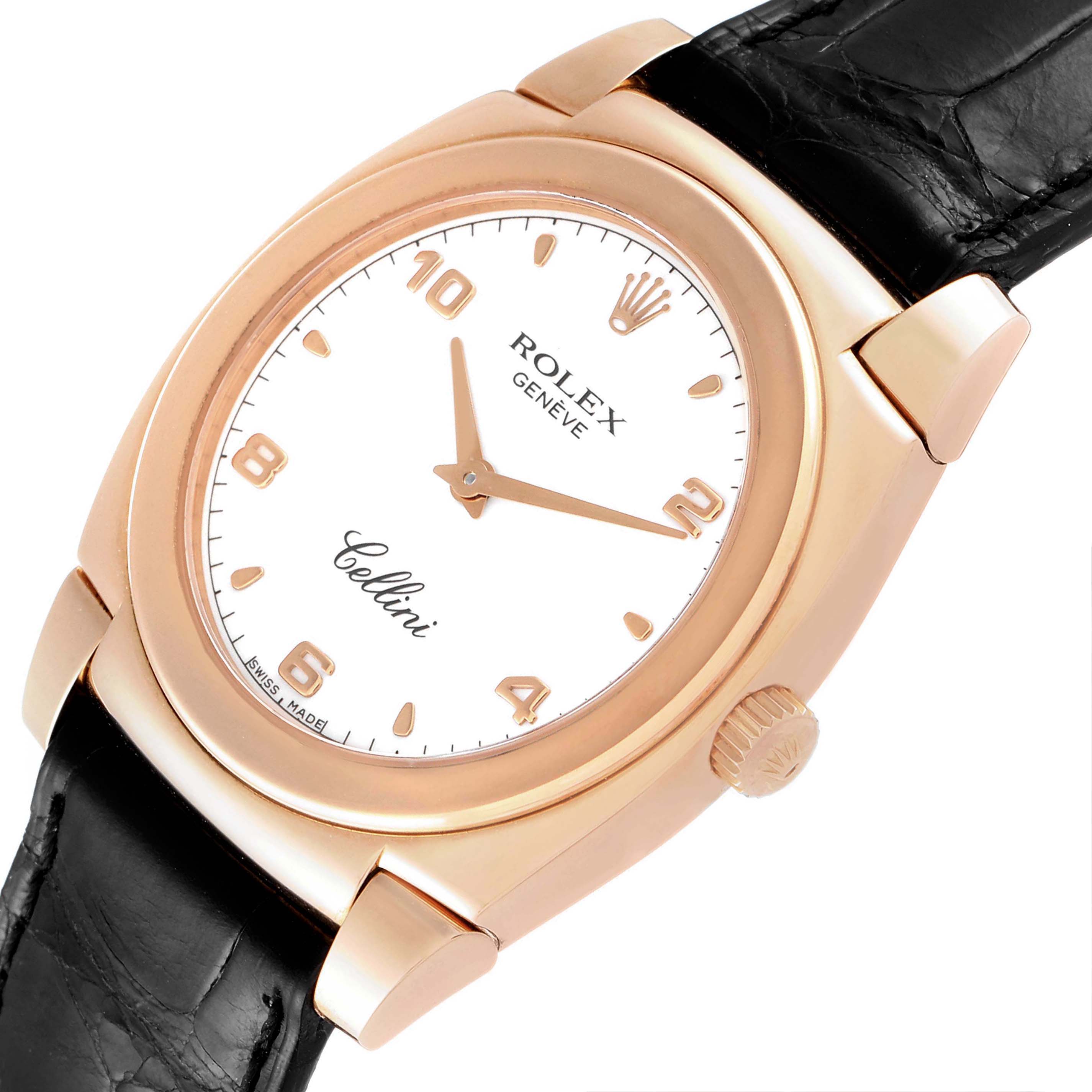 This image shows a close-up of the Rolex Cellini 5330 Women's Rose Gold White Dial 5330 Women's Rose Gold White Dial watch, highlighting its dial, hands, crown, and leather strap.