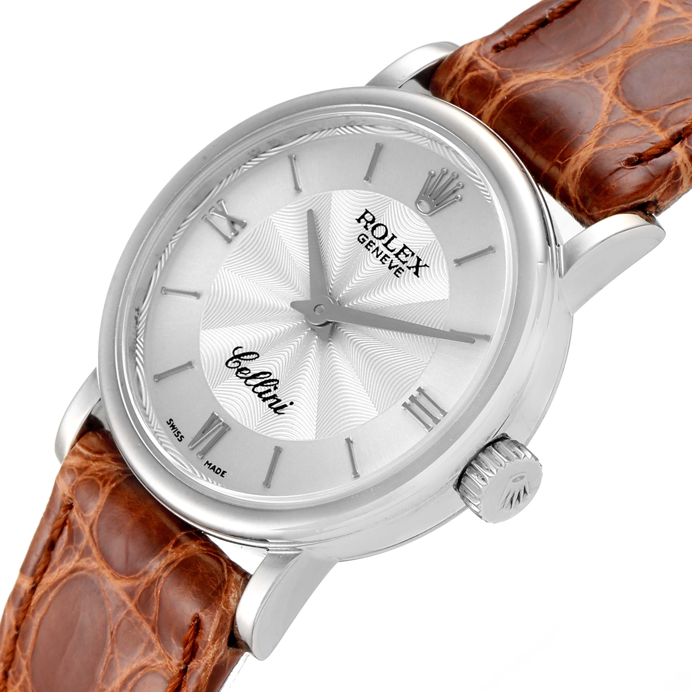 The image shows a close-up view of the Rolex Cellini 6110 Women's White Gold Silver Dial 6110 Women's White Gold Silver Dial watch, highlighting the dial, crown, and leather strap at an angle.