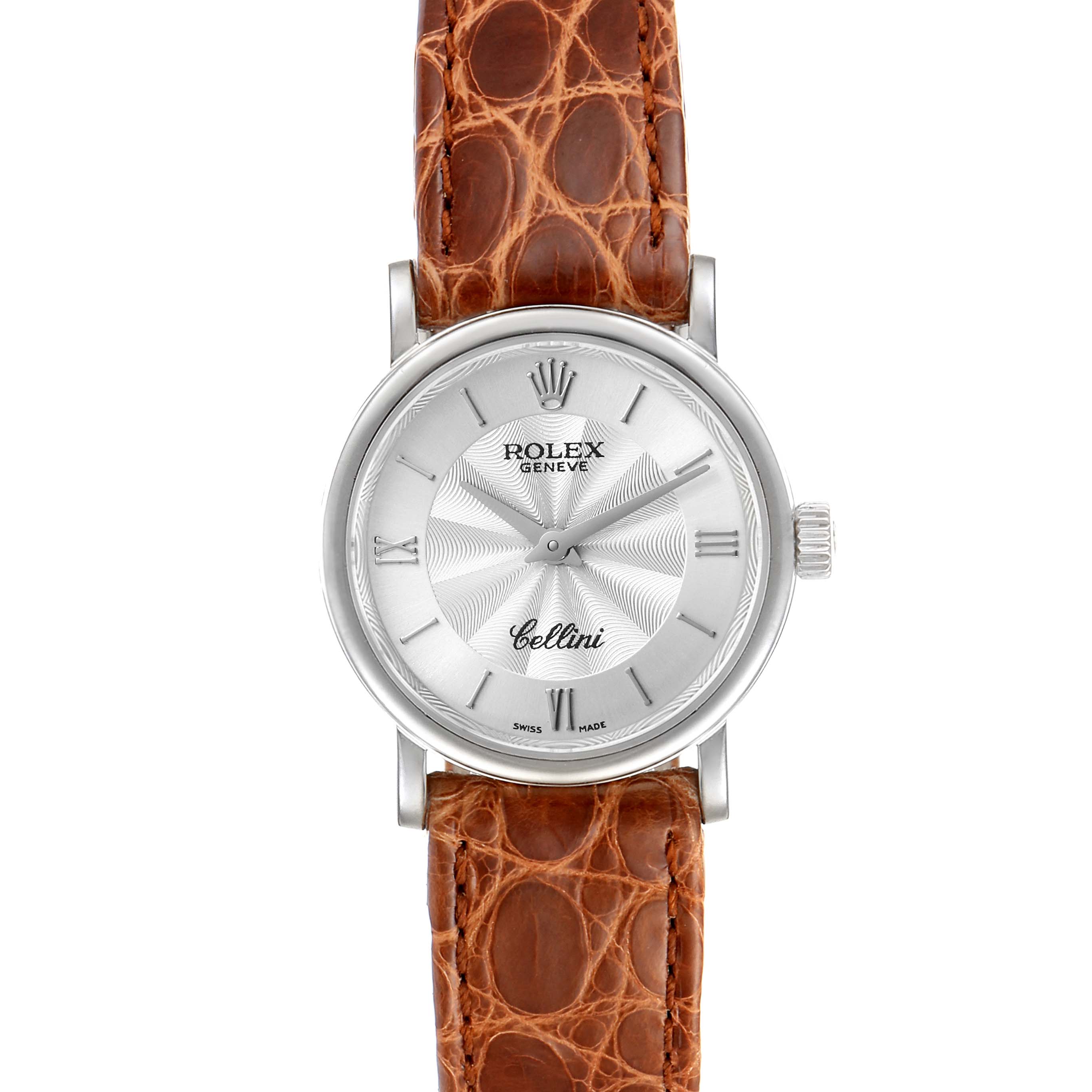 The Rolex Cellini 6110 Women's White Gold Silver Dial 6110 Women's White Gold Silver Dial watch is shown from a front angle, displaying its dial, hands, crown, and leather strap.
