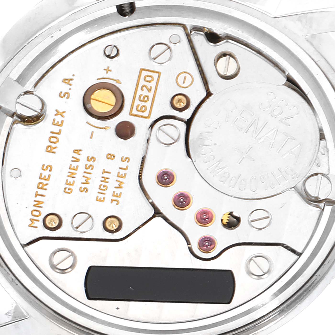 The image shows an internal view of the Rolex Cellini 6110 Women's White Gold Silver Dial 6110 Women's White Gold Silver Dial model watch, highlighting its movement and components.