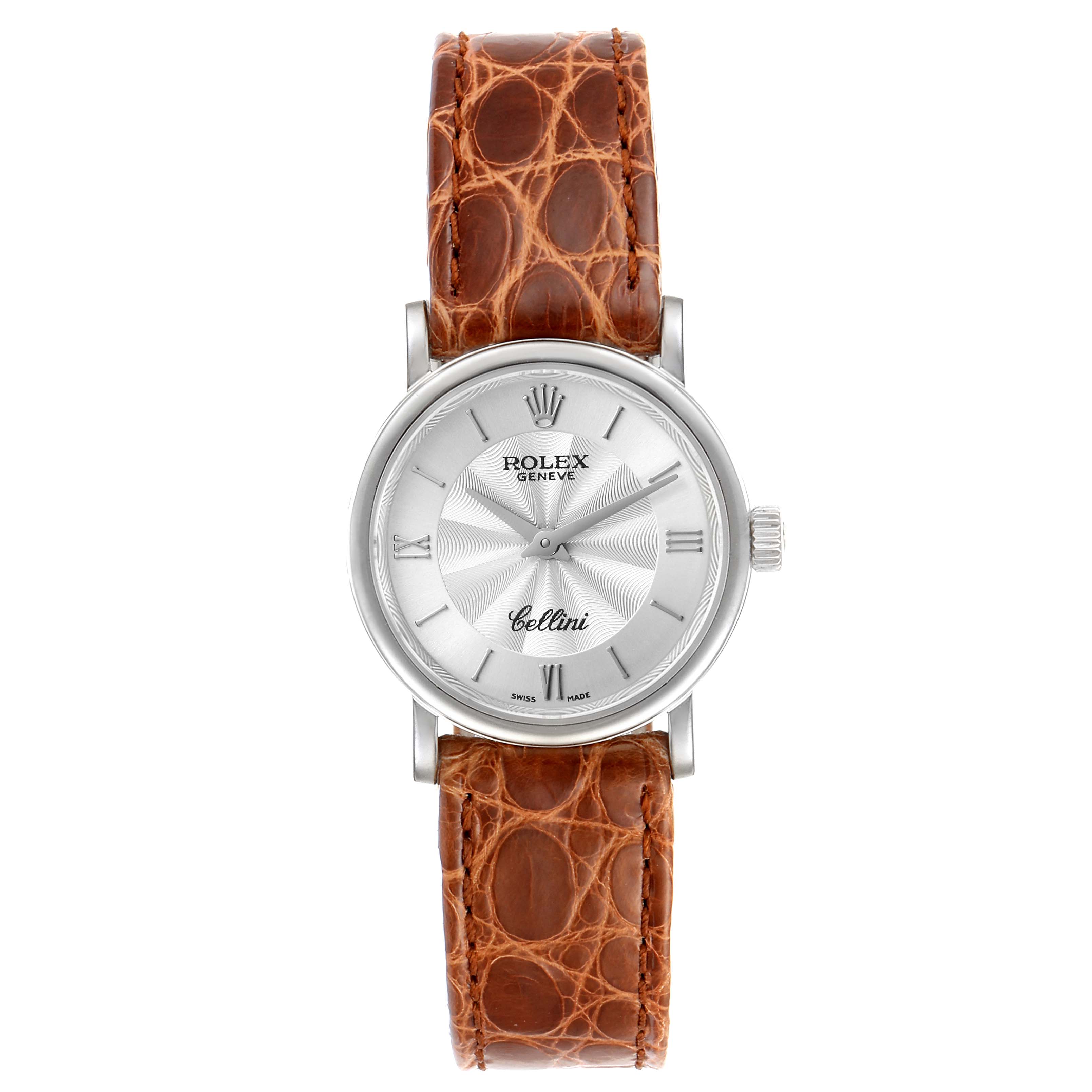 This image shows a front view of a Rolex Cellini 6110 Women's White Gold Silver Dial 6110 Women's White Gold Silver Dial watch with a brown leather strap and a silver dial.