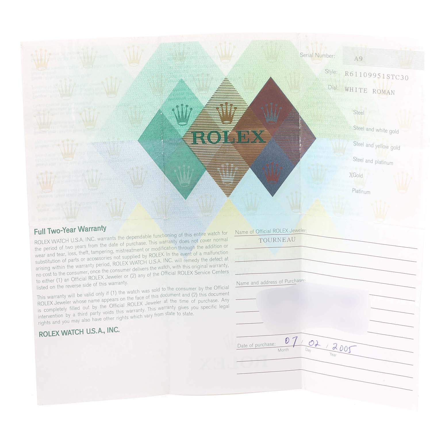 The image shows a warranty card for a Rolex Cellini 6110 Women's White Gold Silver Dial 6110 Women's White Gold Silver Dial watch, including details like purchase date and seller information.