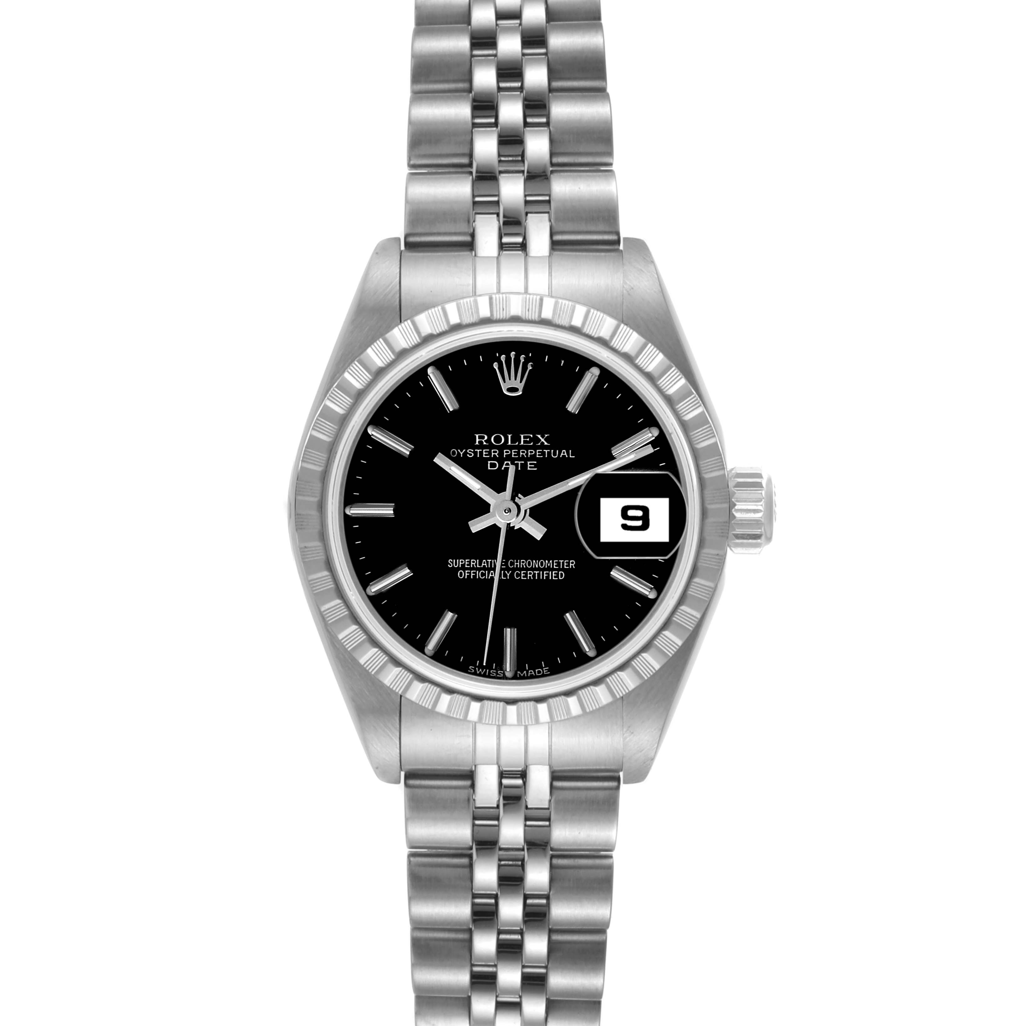 This is a front view of a Rolex Datejust 79240 Women's Stainless Steel Black Dial 79240 Women's Stainless Steel Black Dial watch showcasing its black dial, fluted bezel, date display, and metal bracelet.