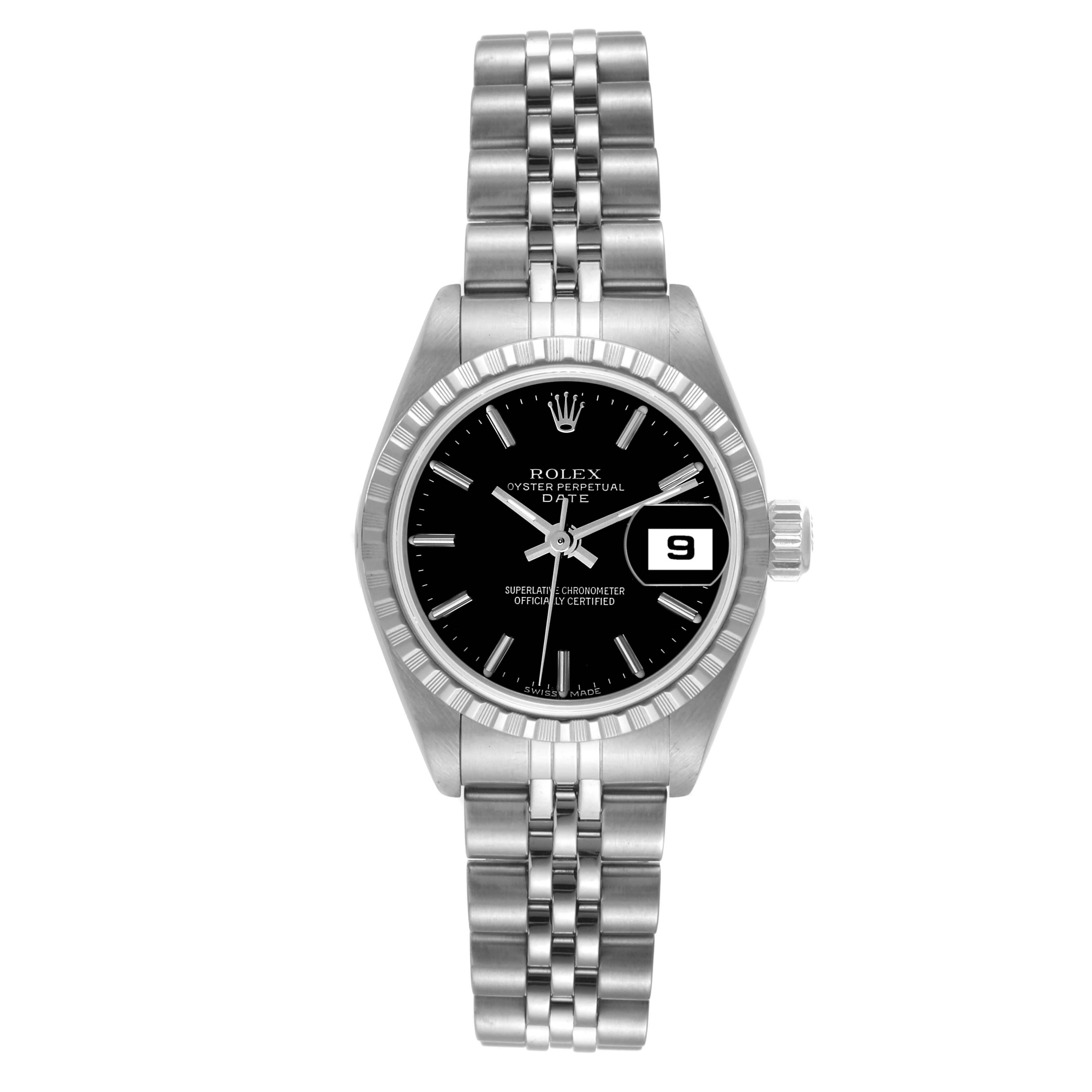 This image shows a front view of the Rolex Datejust 79240 Women's Stainless Steel Black Dial 79240 Women's Stainless Steel Black Dial watch, highlighting its bezel, dial, hands, date, and bracelet.