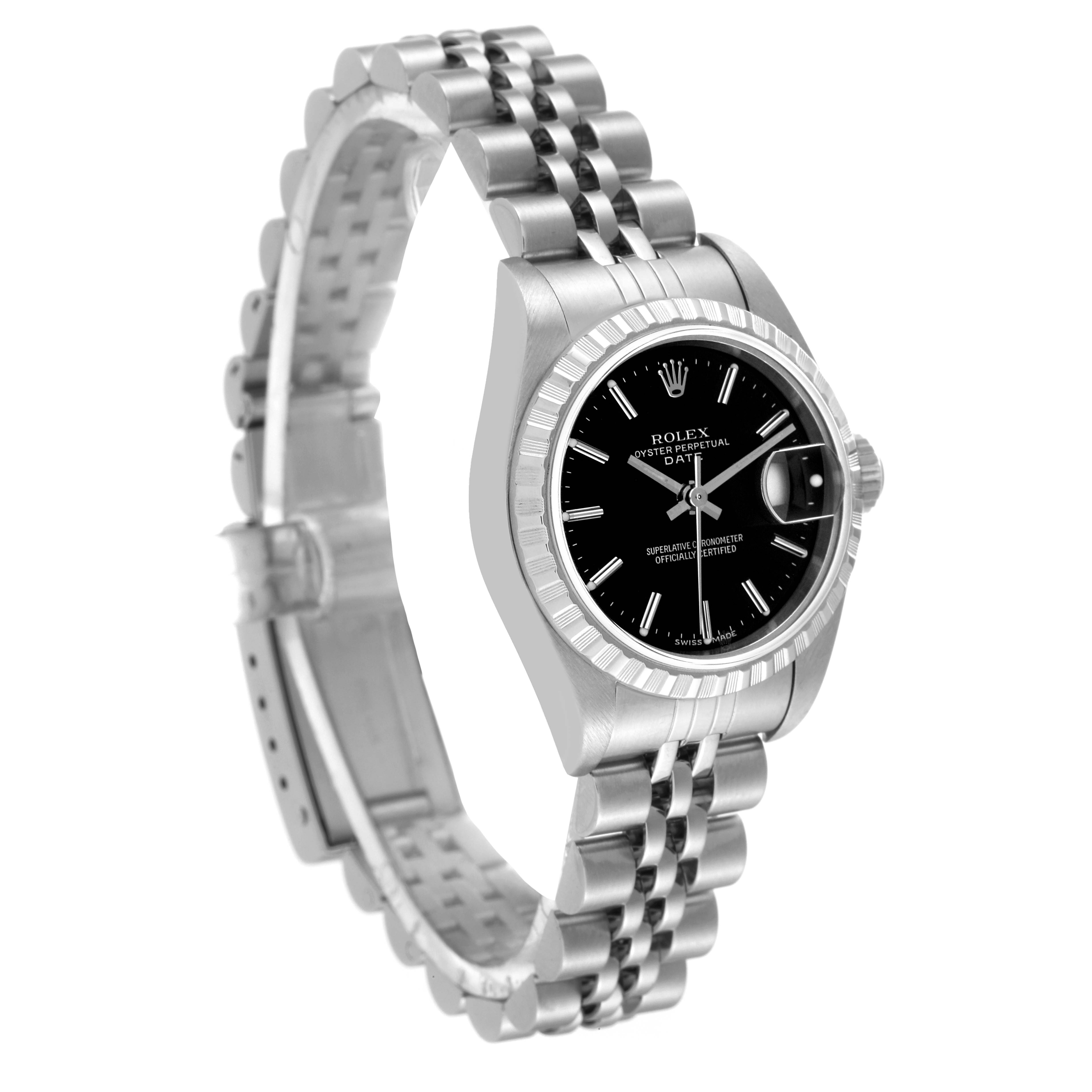 The image shows a Rolex Datejust 79240 Women's Stainless Steel Black Dial 79240 Women's Stainless Steel Black Dial watch at a three-quarter angle displaying its face, bezel, and stainless steel bracelet.