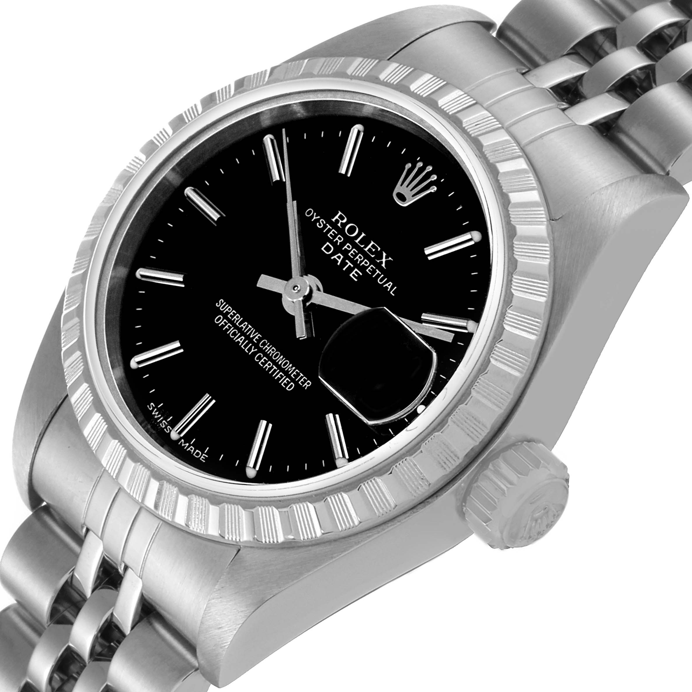 This image shows a close-up angle of a Rolex Datejust 79240 Women's Stainless Steel Black Dial 79240 Women's Stainless Steel Black Dial watch, highlighting the bezel, dial, crown, and part of the bracelet.