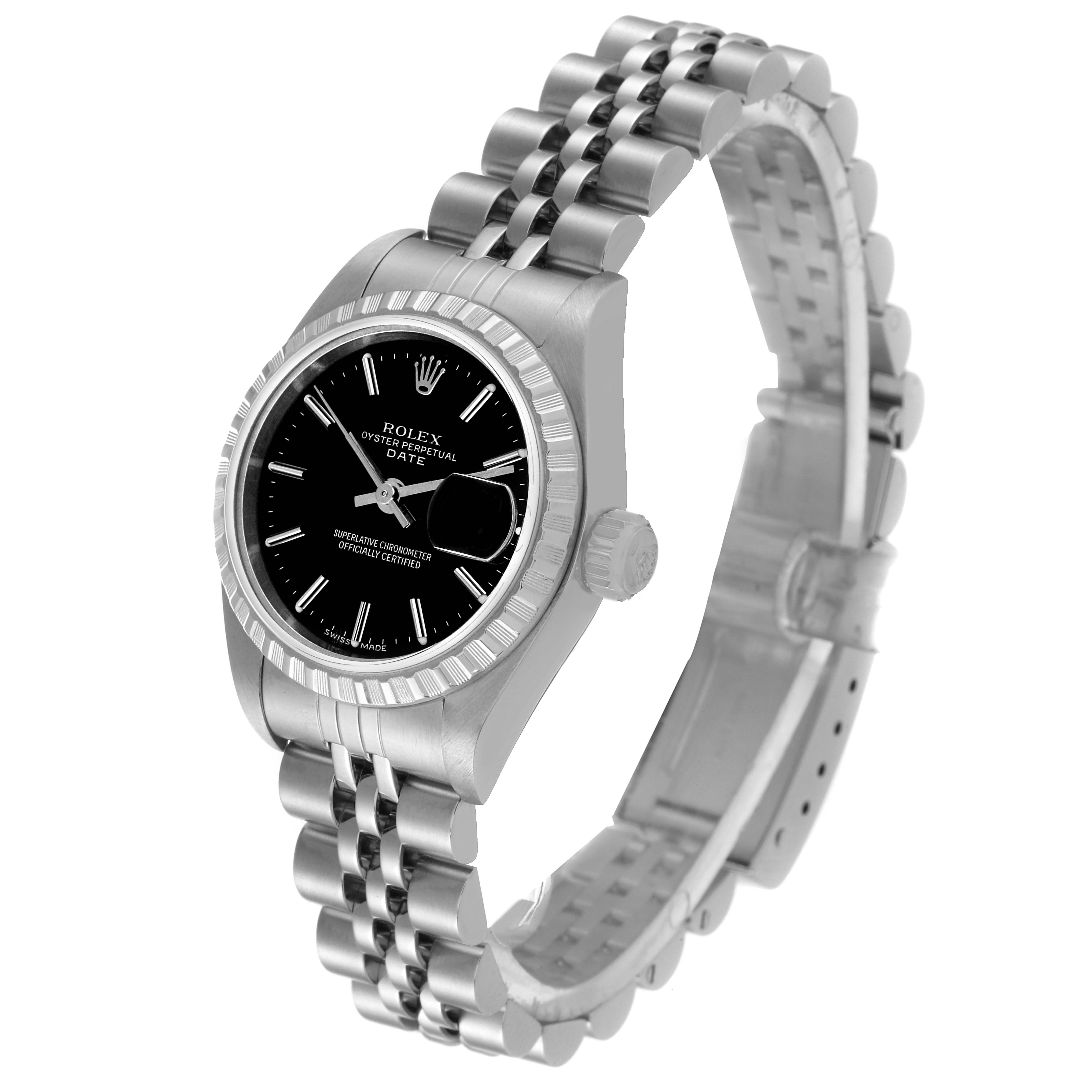The image shows a Rolex Datejust 79240 Women's Stainless Steel Black Dial 79240 Women's Stainless Steel Black Dial watch from an angled side view, displaying the face, fluted bezel, and jubilee bracelet.