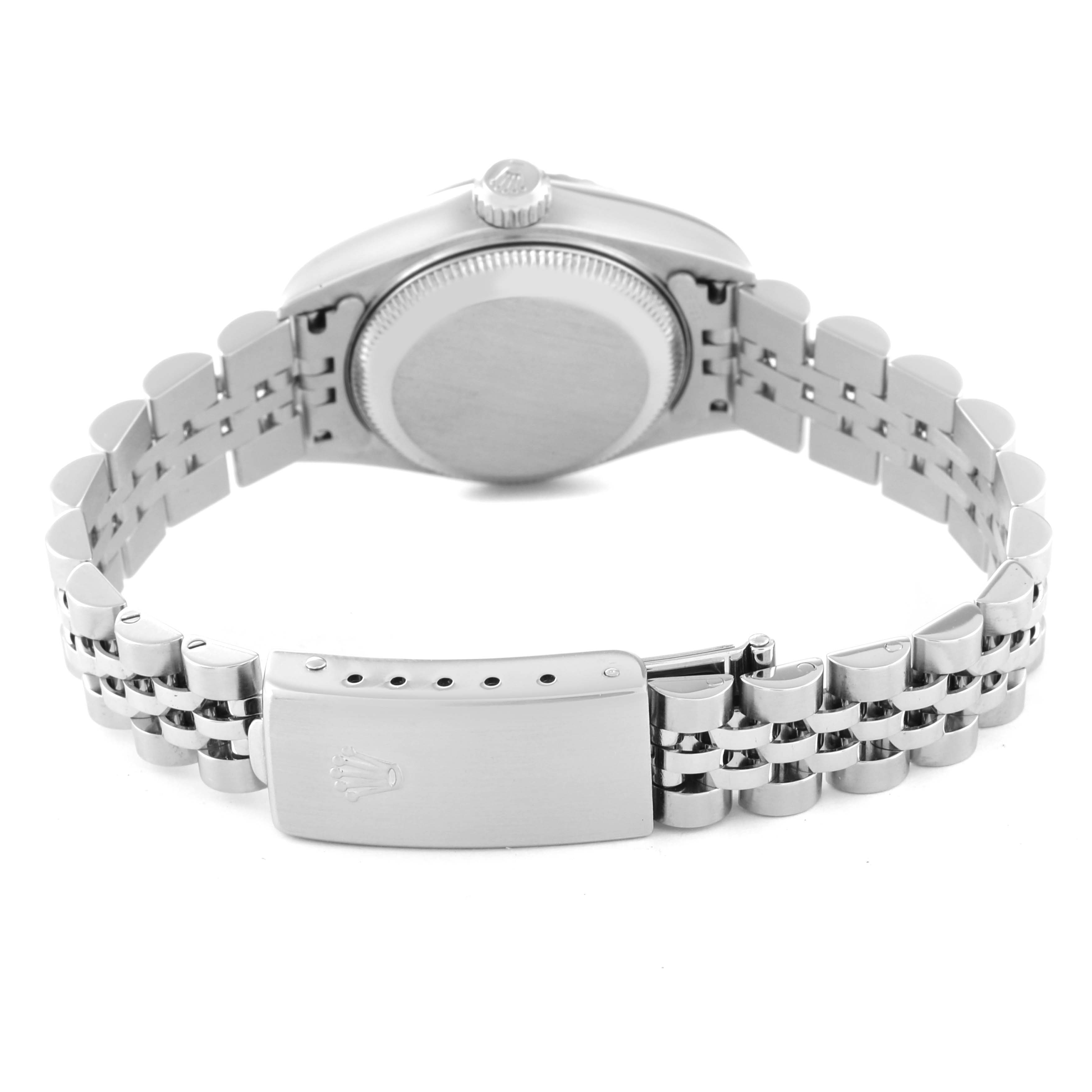 The image shows the back view of a Rolex Datejust 79240 Women's Stainless Steel Black Dial 79240 Women's Stainless Steel Black Dial model watch, including the case back, crown, and full Jubilee bracelet with clasp.