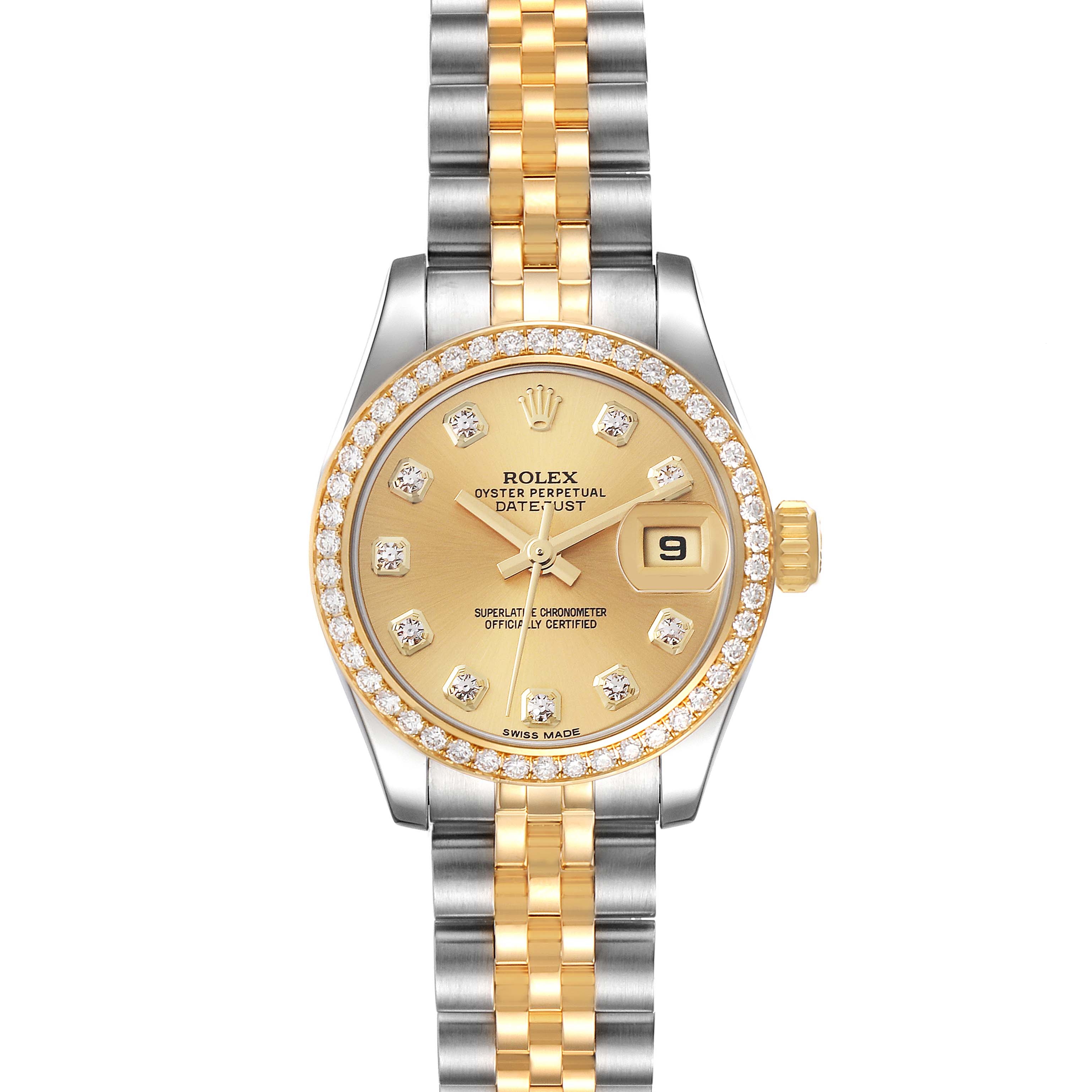 This image shows a front view of the Rolex Datejust 179383 Women's Steel and Gold (two tone) Champagne Dial 179383 Women's Steel and Gold (two tone) Champagne Dial watch, displaying the dial, bezel, and bracelet.