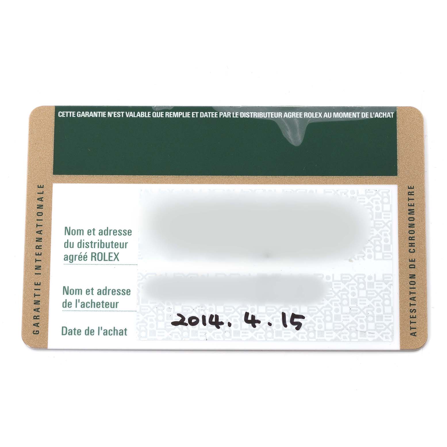 The image shows the warranty card for a Rolex Datejust 179383 Women's Steel and Gold (two tone) Champagne Dial 179383 Women's Steel and Gold (two tone) Champagne Dial model watch.