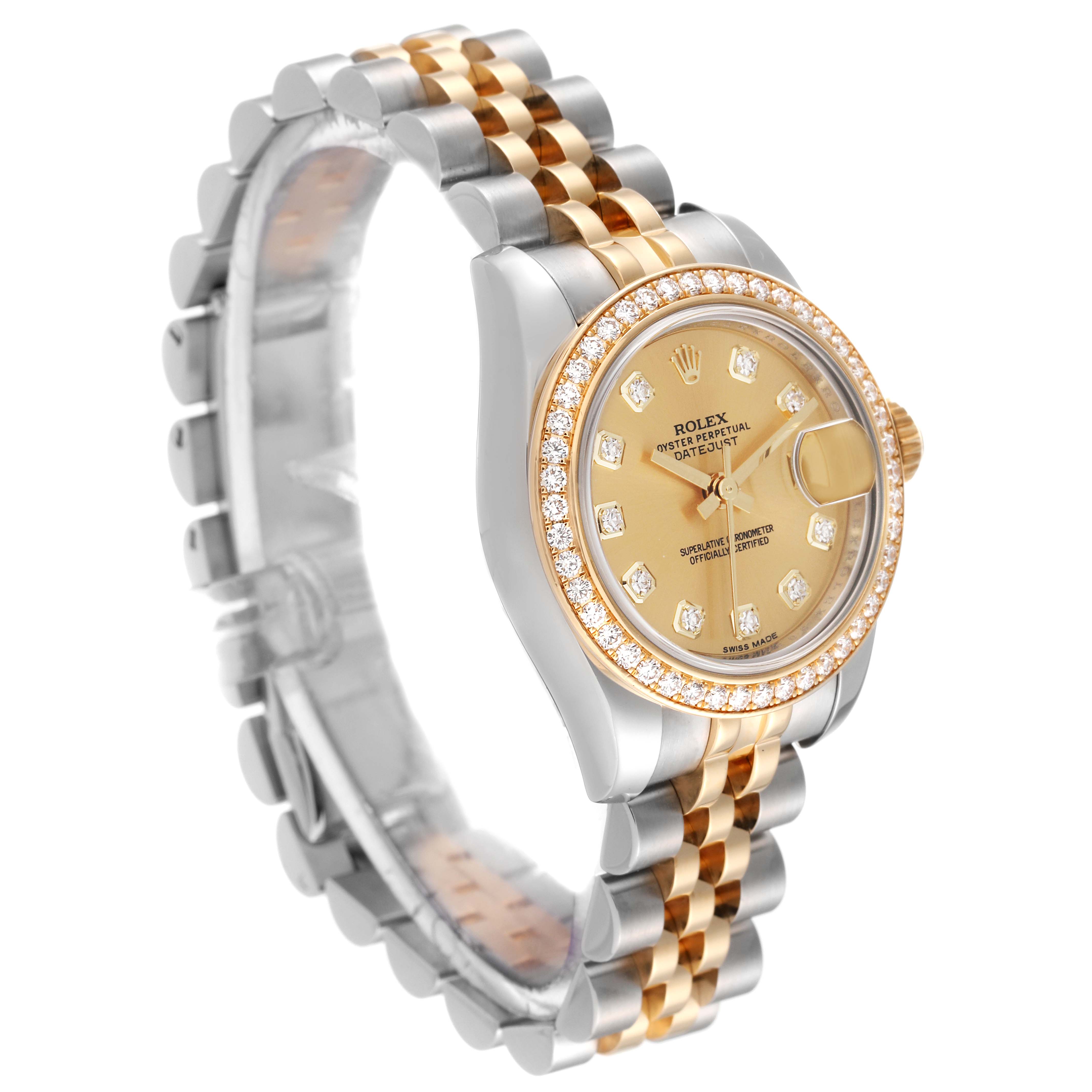 The image shows a Rolex Datejust 179383 Women's Steel and Gold (two tone) Champagne Dial 179383 Women's Steel and Gold (two tone) Champagne Dial watch displayed at an angle highlighting the dial, bezel, and two-tone bracelet.