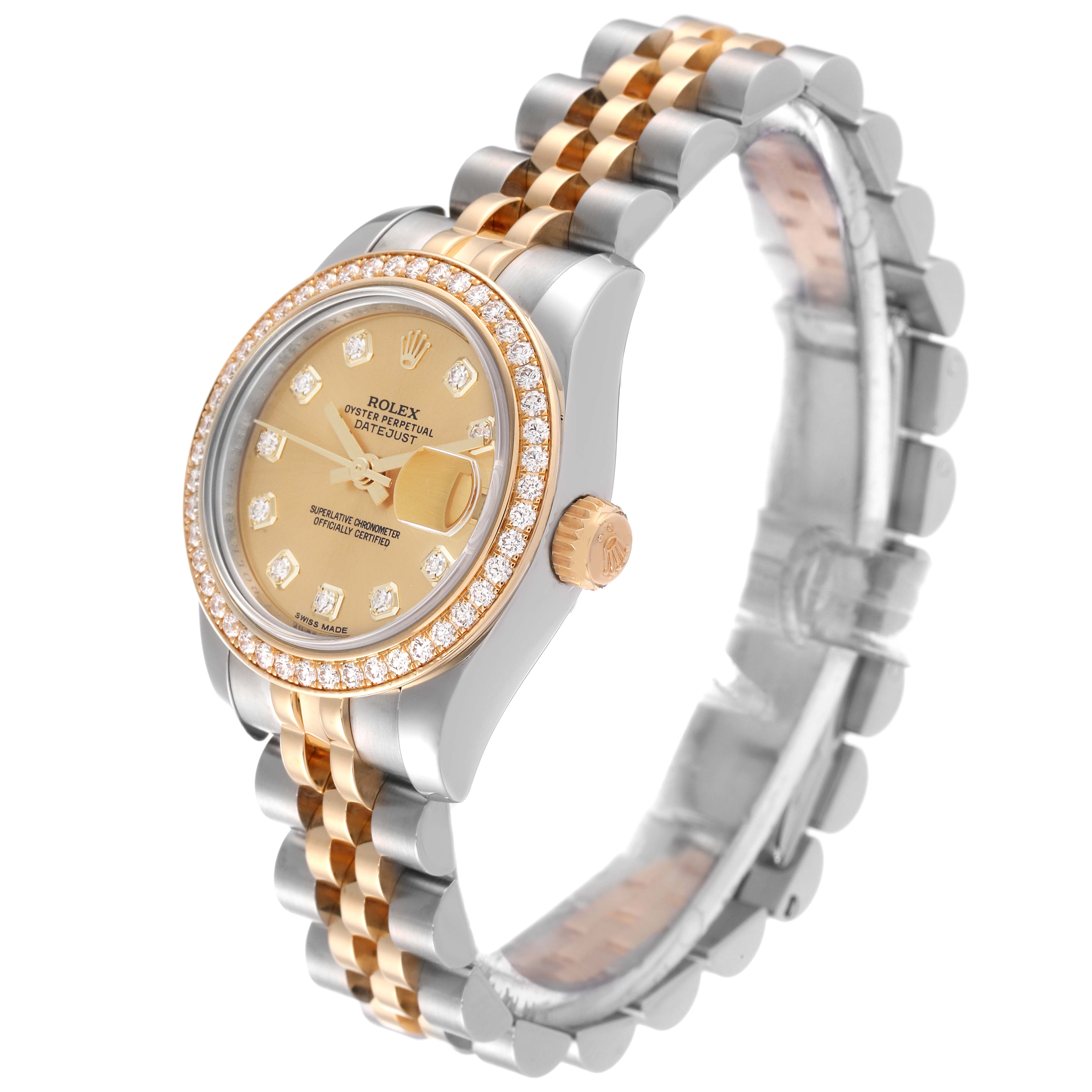 The image shows a side angle of the Rolex Datejust 179383 Women's Steel and Gold (two tone) Champagne Dial 179383 Women's Steel and Gold (two tone) Champagne Dial timepiece, highlighting its dial, bezel, crown, and Jubilee bracelet.