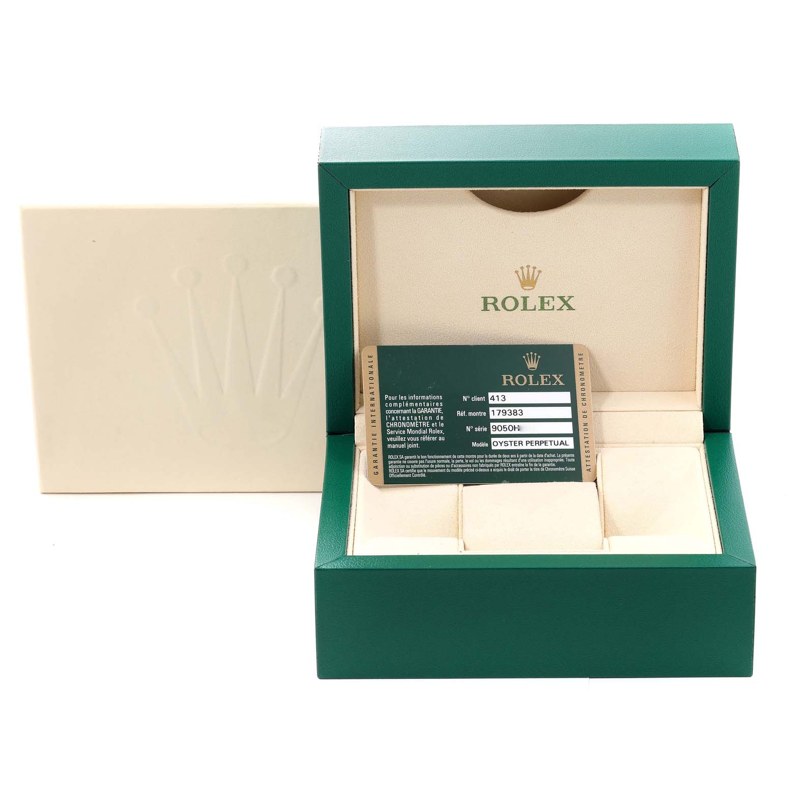 This image shows a Rolex Datejust 179383 Women's Steel and Gold (two tone) Champagne Dial 179383 Women's Steel and Gold (two tone) Champagne Dial watch box and warranty card from a front angle.