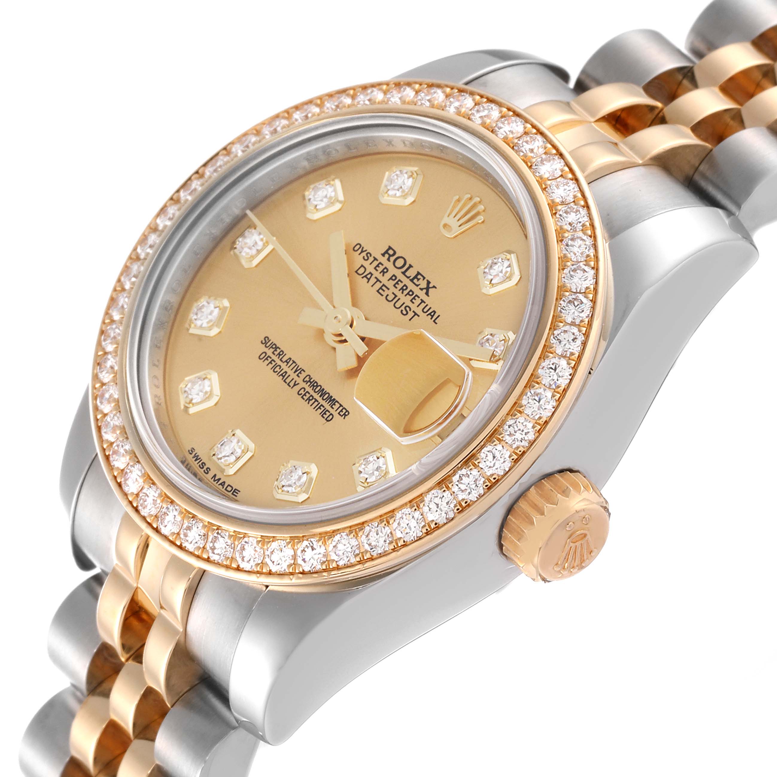 The image shows a close-up angle of a Rolex Datejust 179383 Women's Steel and Gold (two tone) Champagne Dial 179383 Women's Steel and Gold (two tone) Champagne Dial watch, highlighting the dial, bezel, crown, and part of the bracelet.