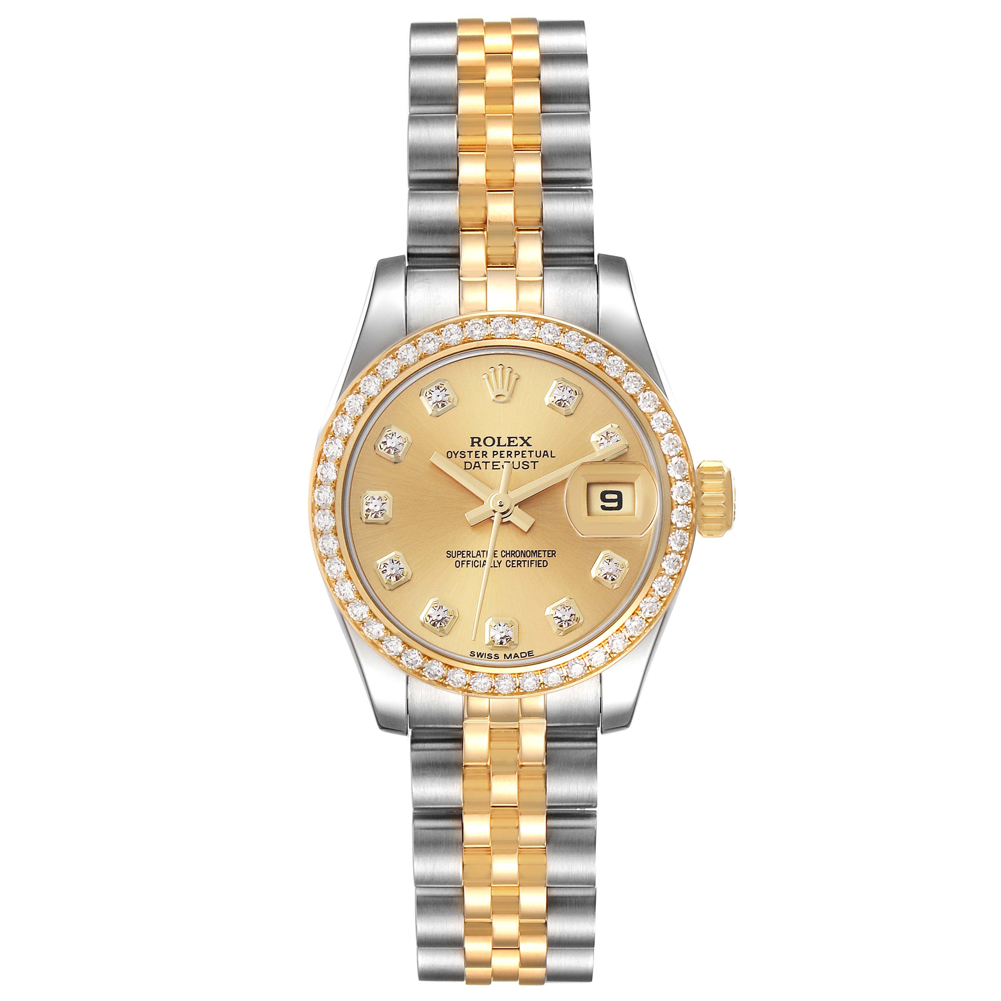 The Rolex Datejust 179383 Women's Steel and Gold (two tone) Champagne Dial 179383 Women's Steel and Gold (two tone) Champagne Dial watch is shown from the front, highlighting its gold and silver bracelet, gold dial, and diamond-set bezel.