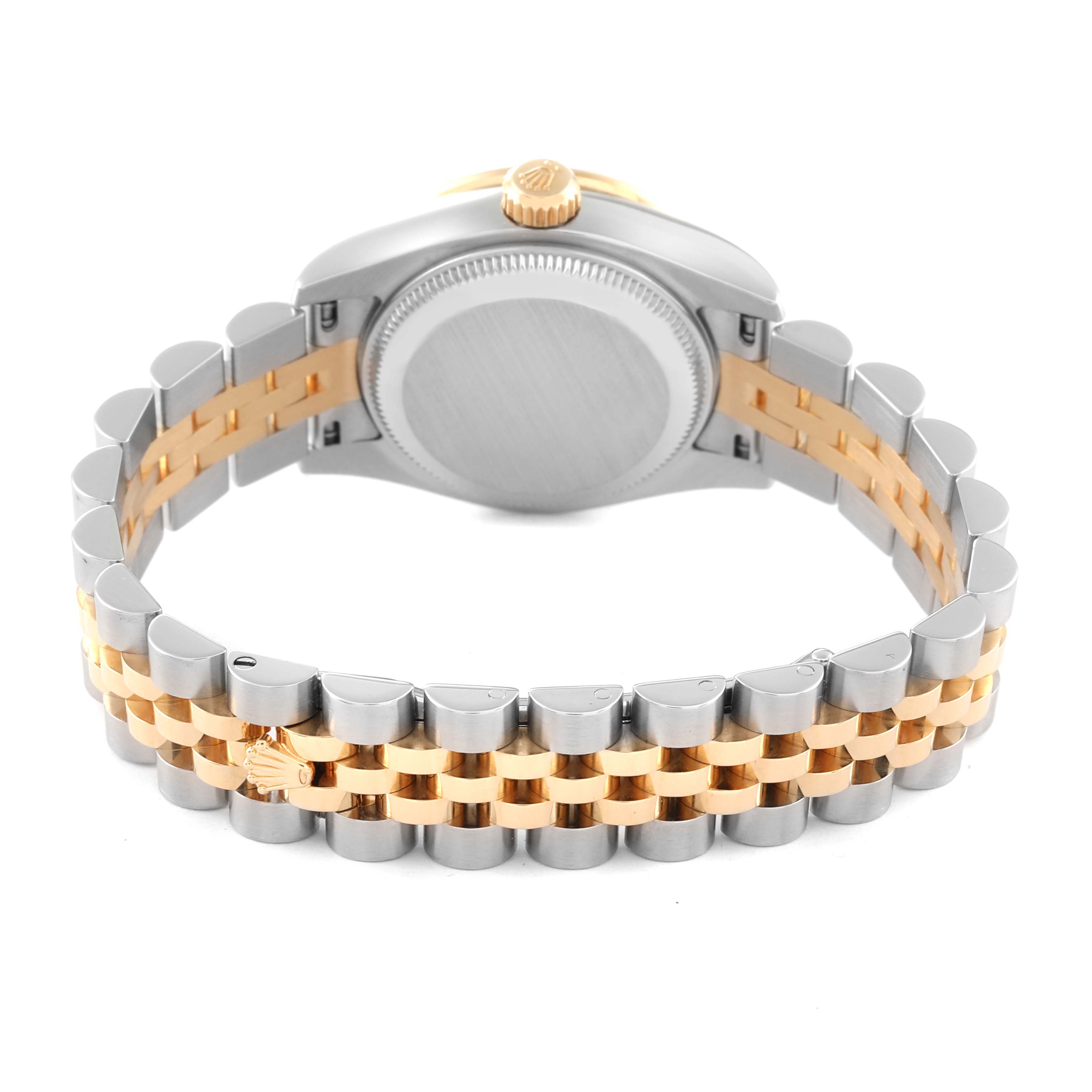 The image shows the back view of a Rolex Datejust 179383 Women's Steel and Gold (two tone) Champagne Dial 179383 Women's Steel and Gold (two tone) Champagne Dial watch, highlighting its case back, crown, and two-tone jubilee bracelet.