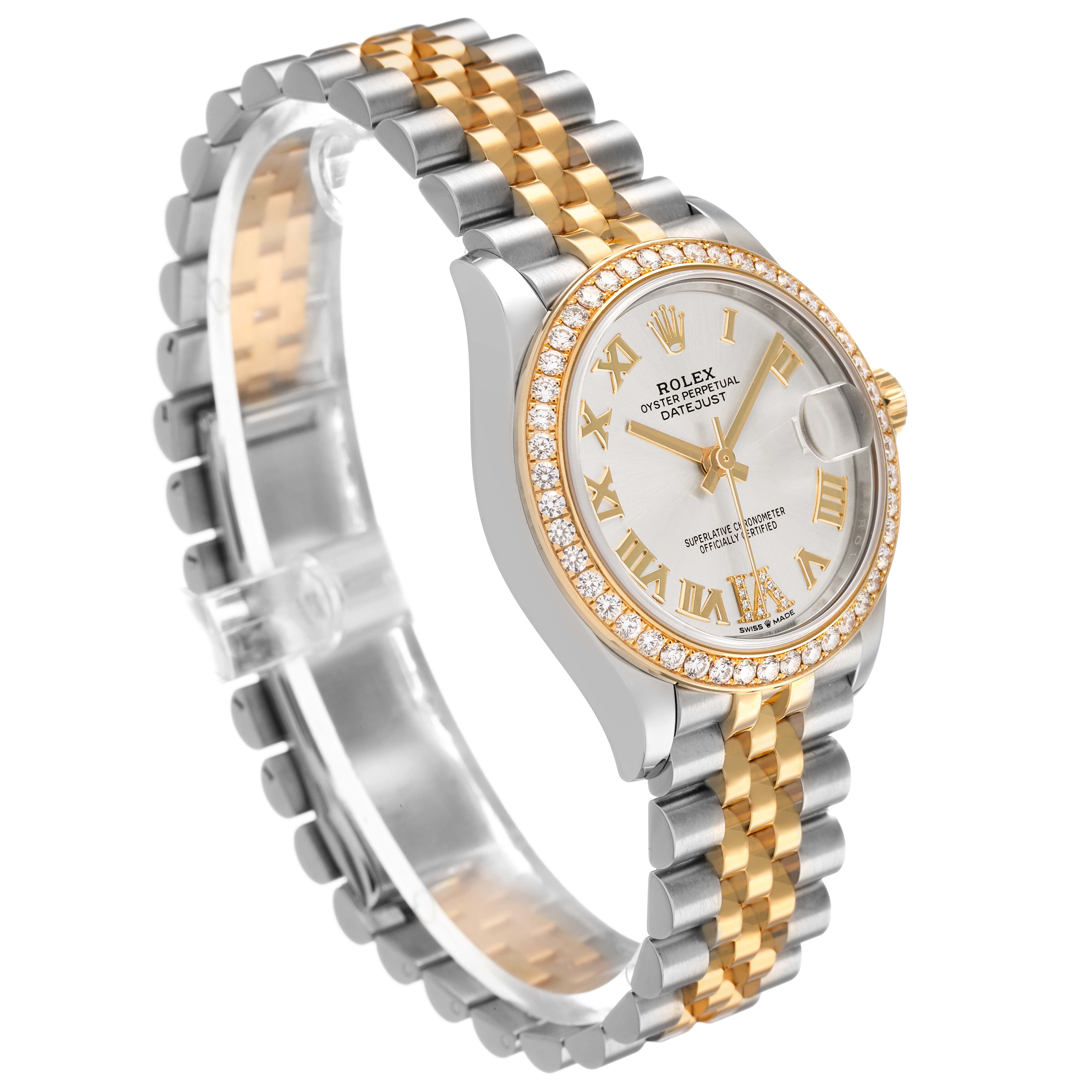 The Rolex Mid-Size M278383RBR-0004 Women's Steel and Gold (two tone) Silver Dial model is shown at a slight angle, highlighting its bracelet, bezel, and face with Roman numerals.