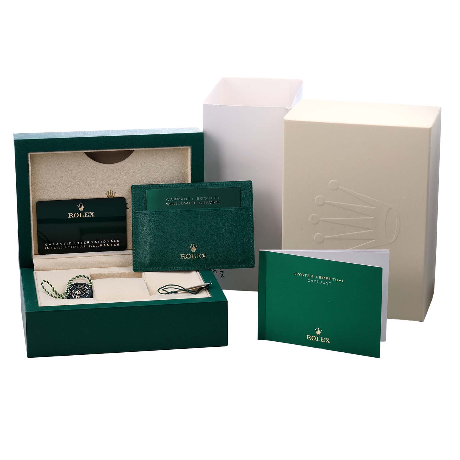 The image shows a Rolex Mid-Size M278383RBR-0004 Women's Steel and Gold (two tone) Silver Dial watch box, warranty card, booklet, and accessories from a front angle.